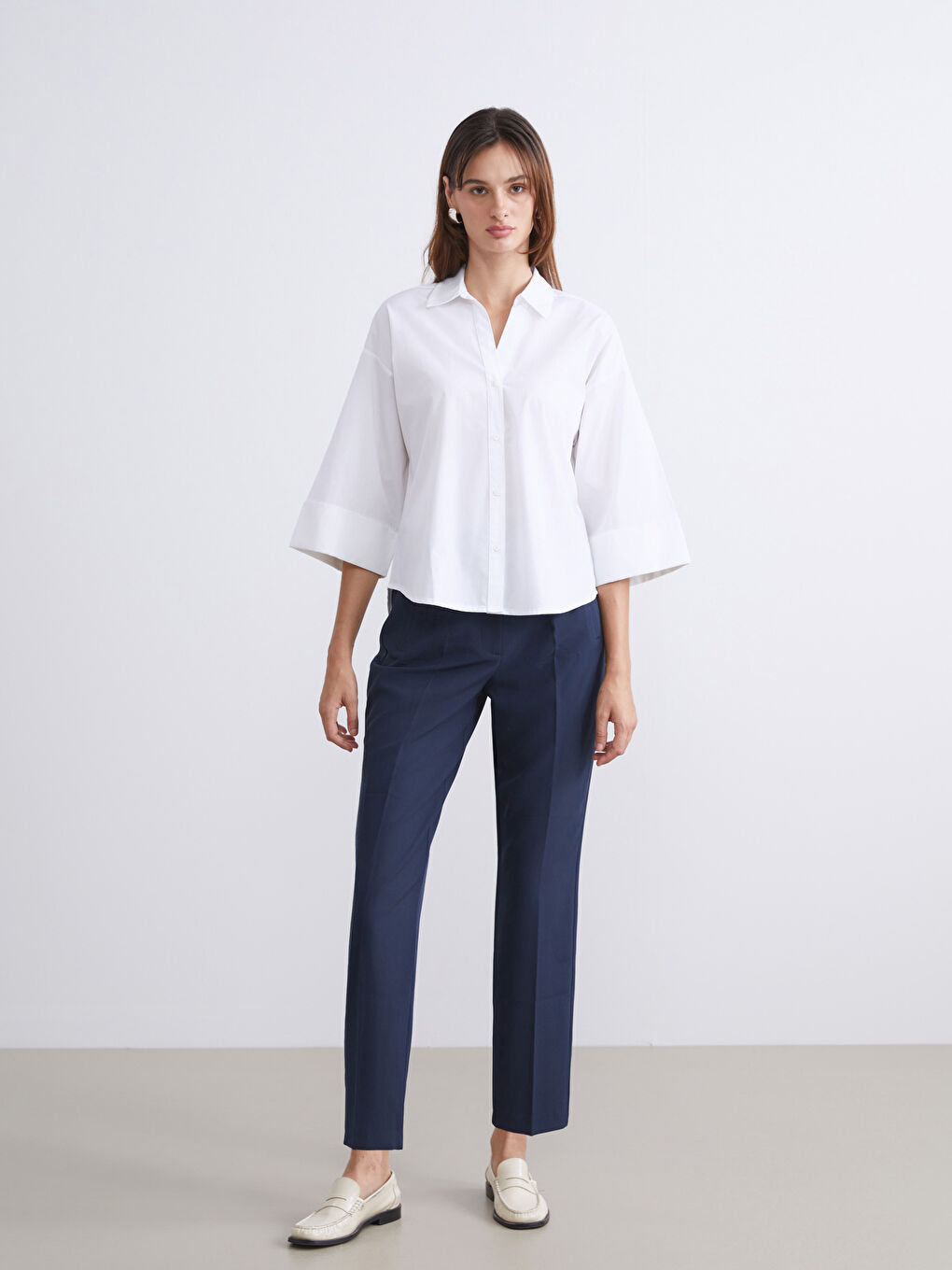 Lacivert Yüksek Bel Cigarette Pileli Kadın Pantolon