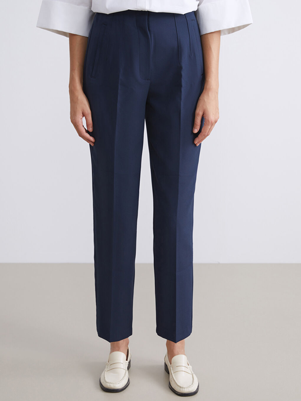 Lacivert Yüksek Bel Cigarette Pileli Kadın Pantolon-2