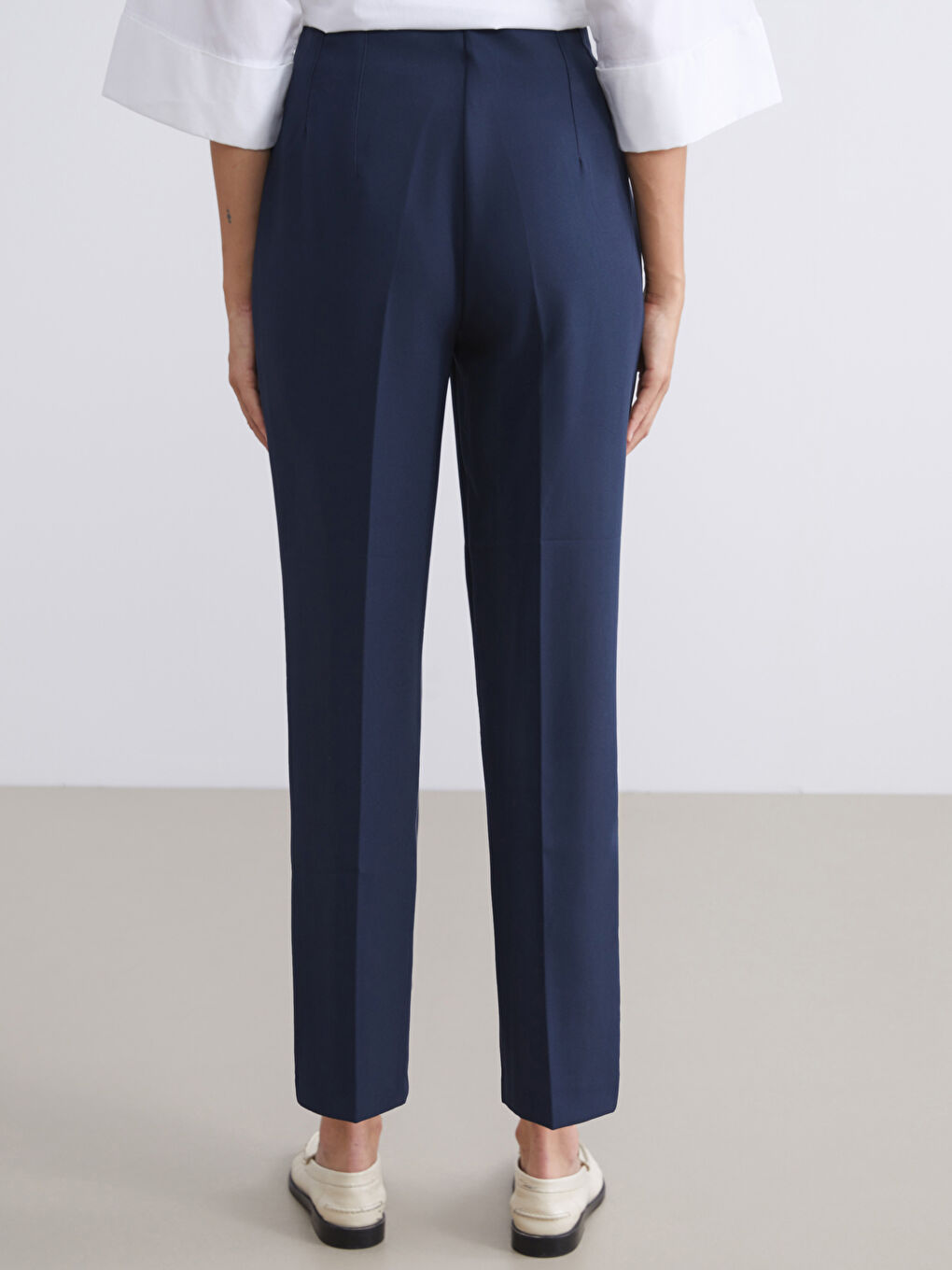 Lacivert Yüksek Bel Cigarette Pileli Kadın Pantolon-4