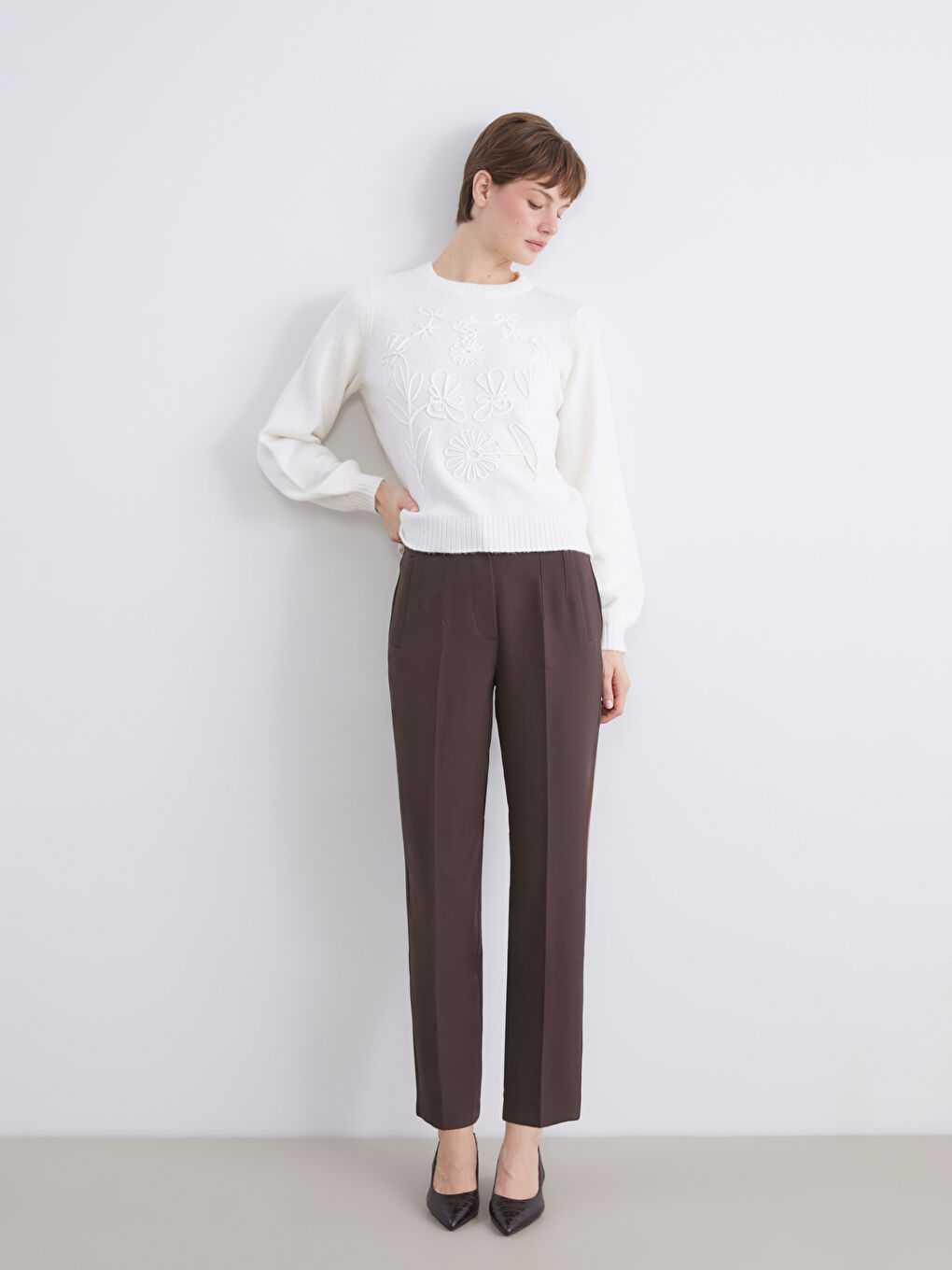 Kahverengi Yüksek Bel Cigarette Pileli Kadın Pantolon