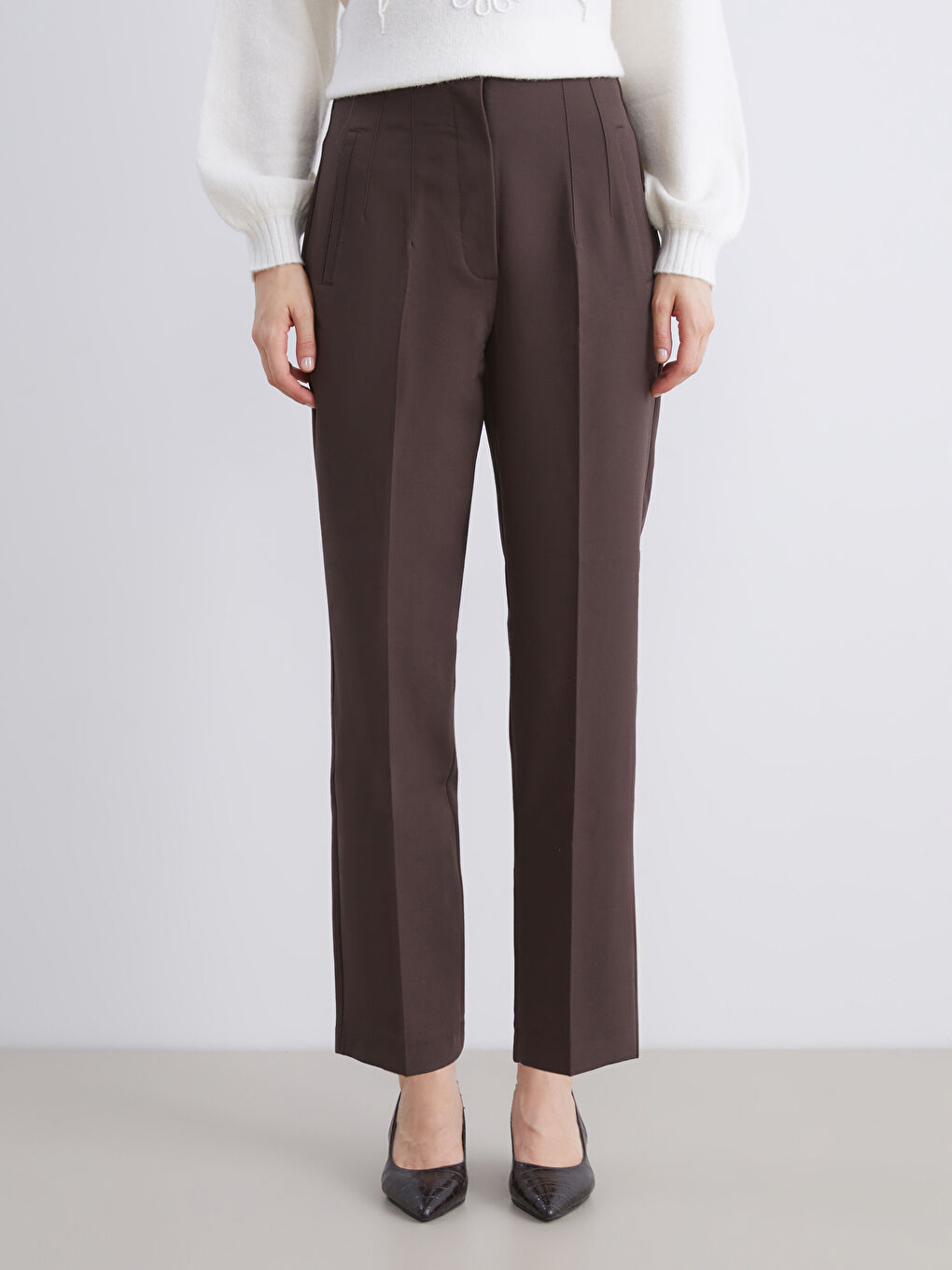 Kahverengi Yüksek Bel Cigarette Pileli Kadın Pantolon-2