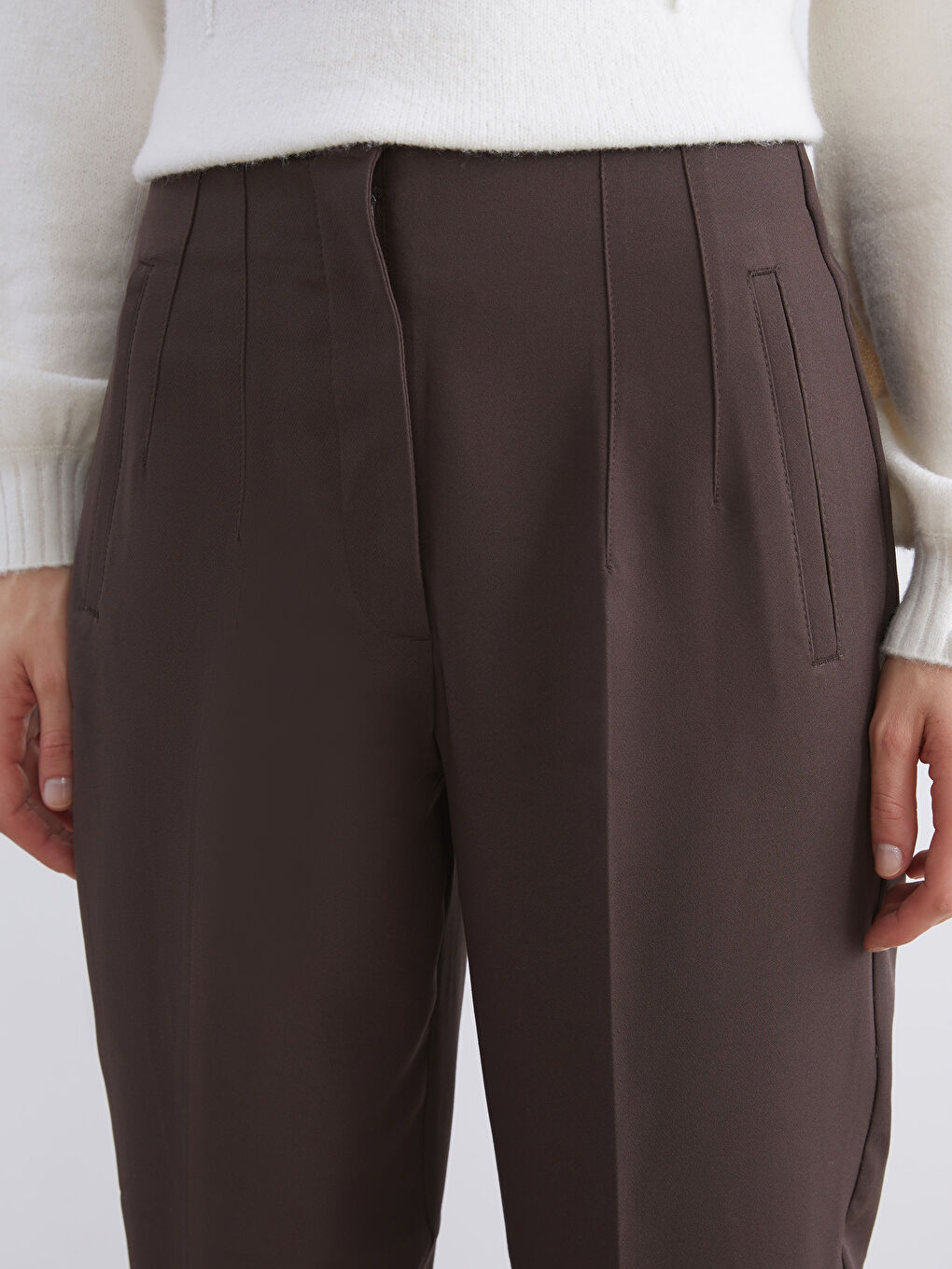 Kahverengi Yüksek Bel Cigarette Pileli Kadın Pantolon-3