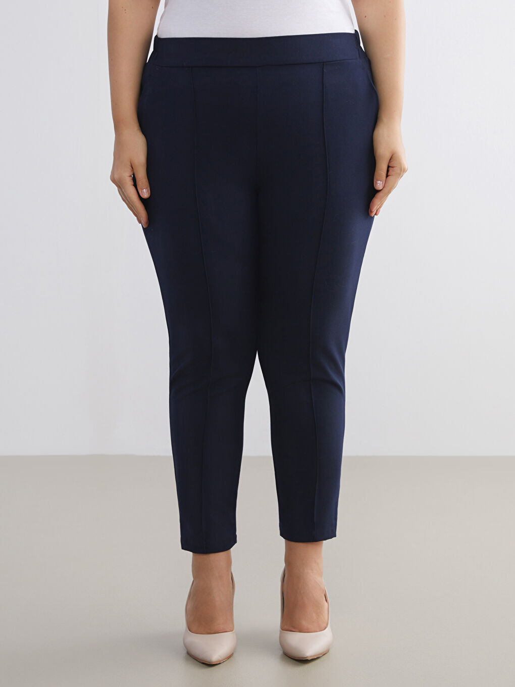 Lacivert Büyük Beden Beli Lastikli Kadın Cigarette Pantolon-7