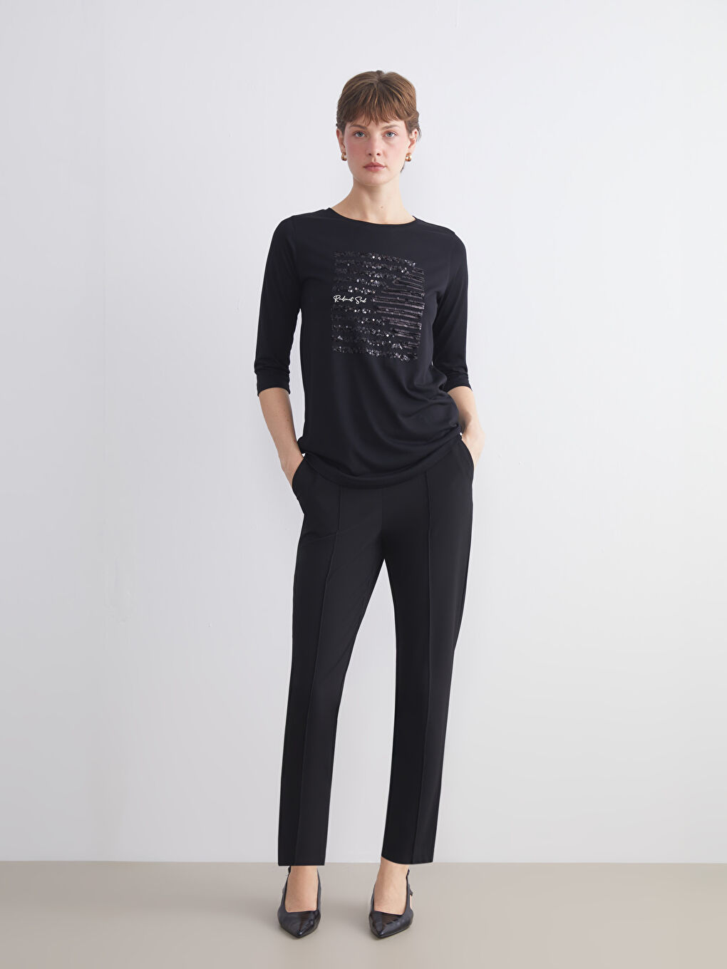 Siyah Büyük Beden Beli Lastikli Kadın Cigarette Pantolon