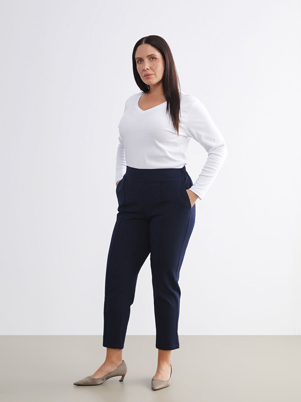 Lacivert Büyük Beden Beli Lastikli Kadın Cigarette Pantolon-2