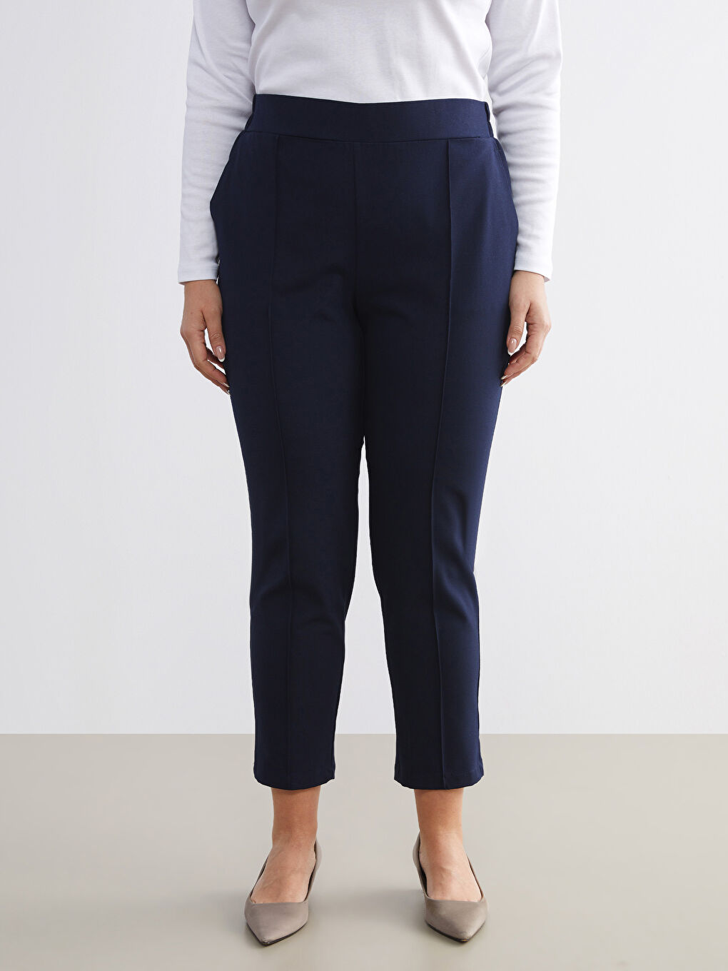 Lacivert Büyük Beden Beli Lastikli Kadın Cigarette Pantolon-6