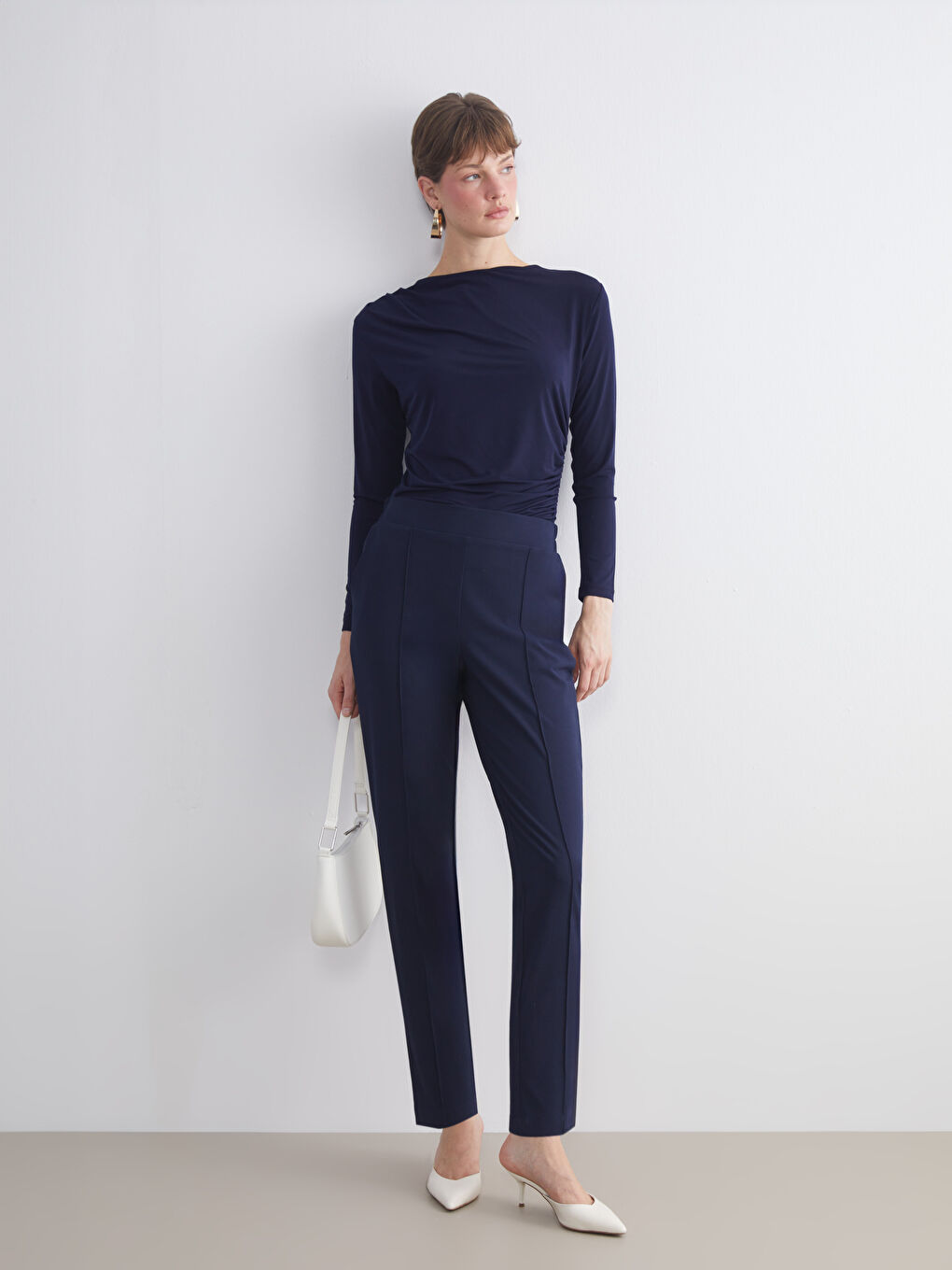 Lacivert Büyük Beden Beli Lastikli Kadın Cigarette Pantolon