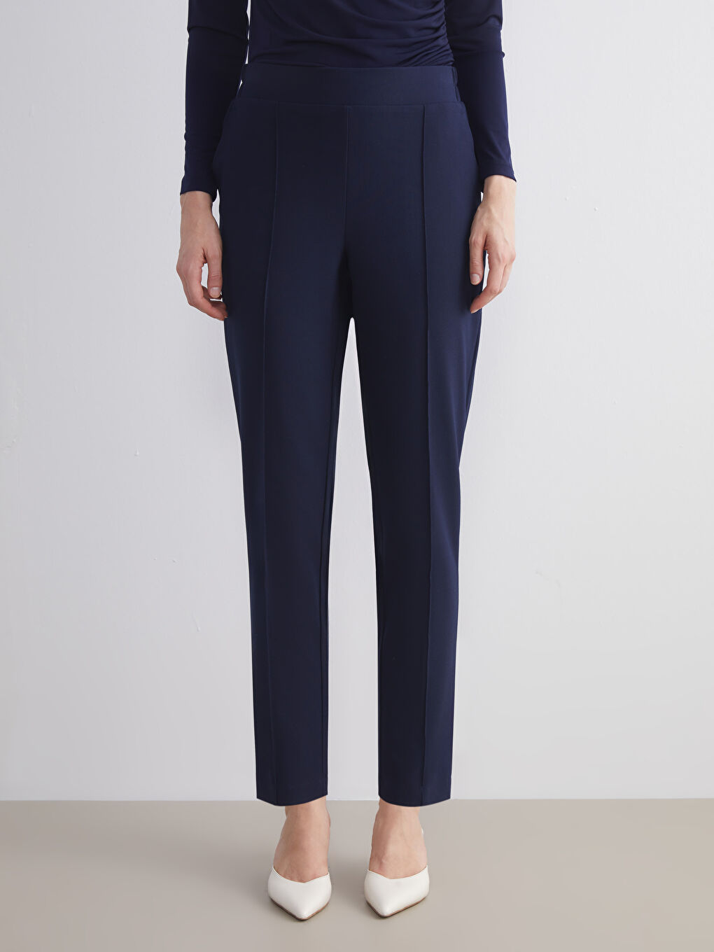 Lacivert Büyük Beden Beli Lastikli Kadın Cigarette Pantolon-3