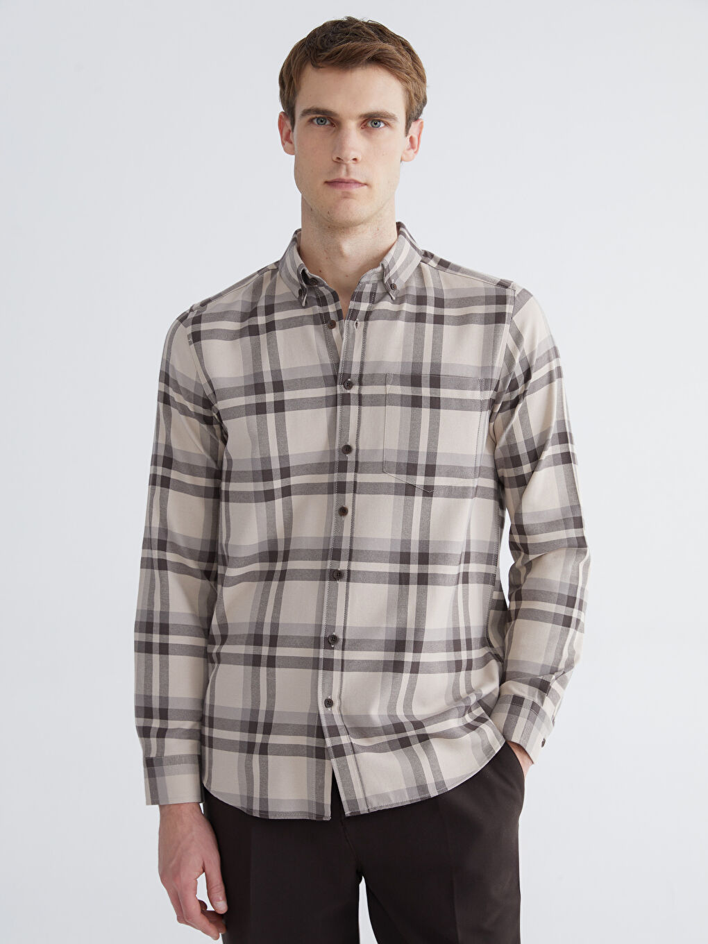 Kahverengi Regular Fit Uzun Kollu Ekose Erkek Gömlek