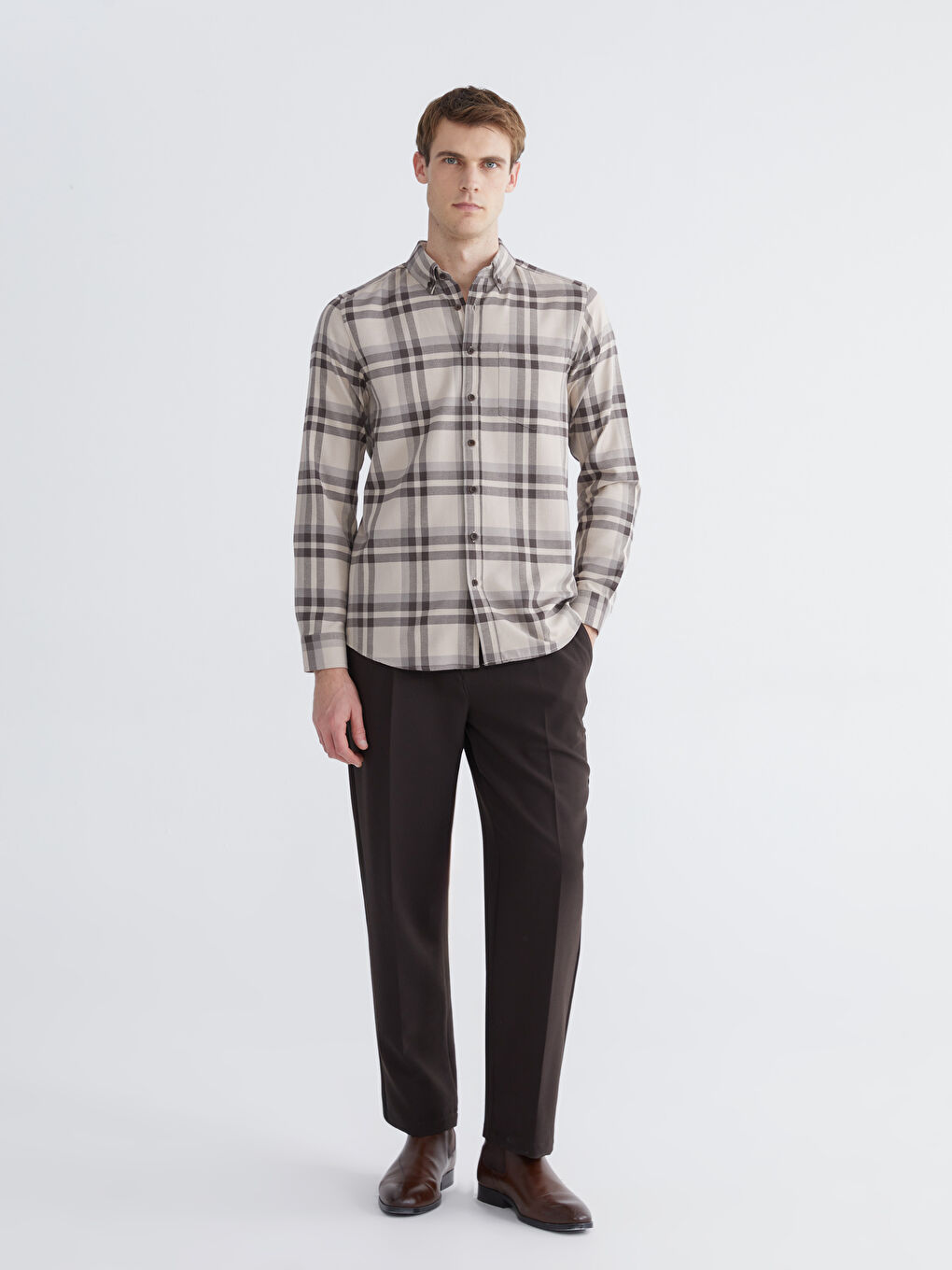 Kahverengi Regular Fit Uzun Kollu Ekose Erkek Gömlek-1