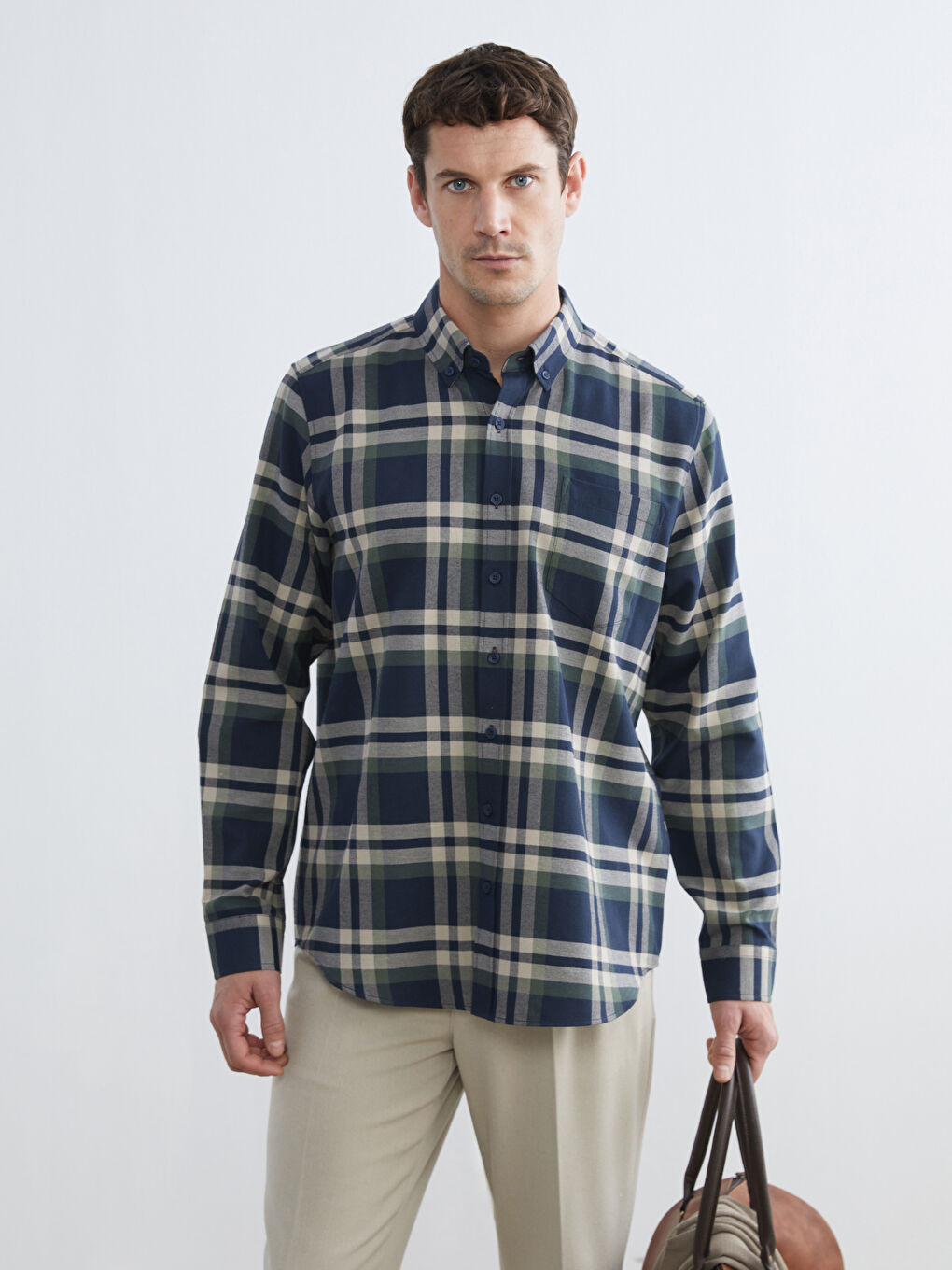 Cămașă pentru Bărbați cu Carouri și Mânecă Lungă, Croială Regular