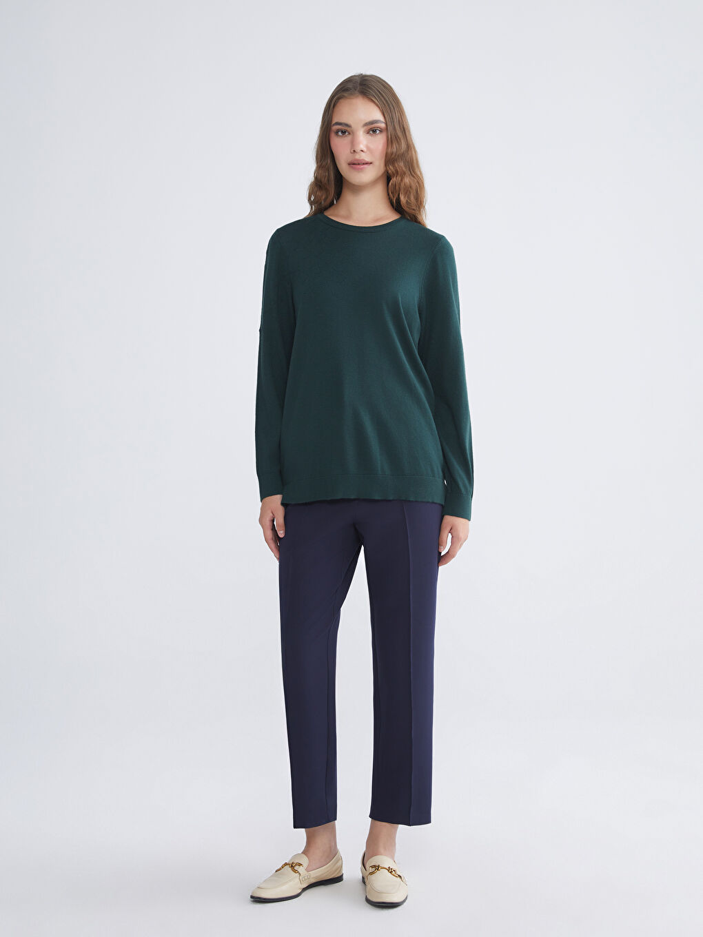 Yeşil Bisiklet Yaka Kendinden Desenli Kadın Triko Kazak-1