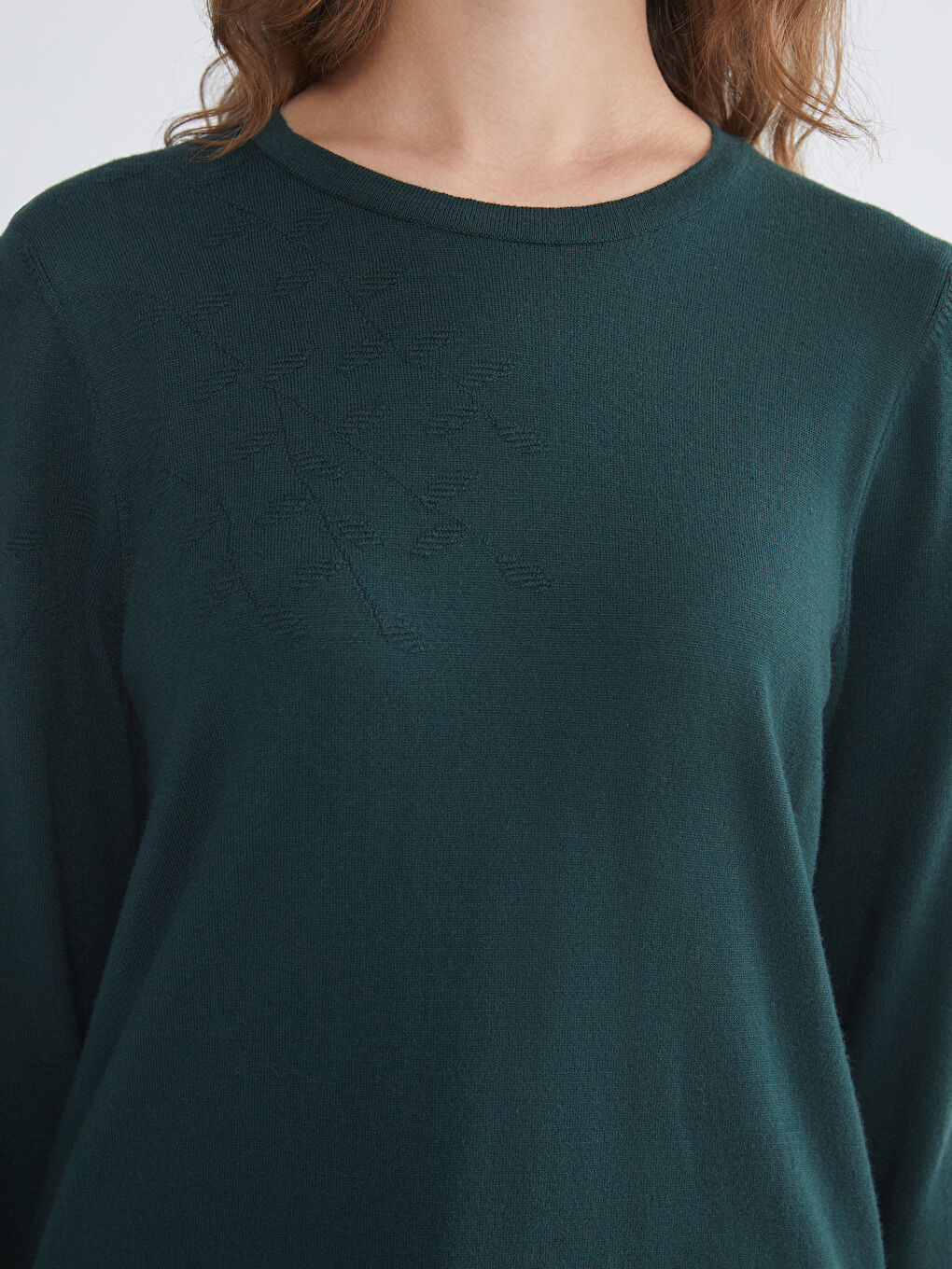 Yeşil Bisiklet Yaka Kendinden Desenli Kadın Triko Kazak-2