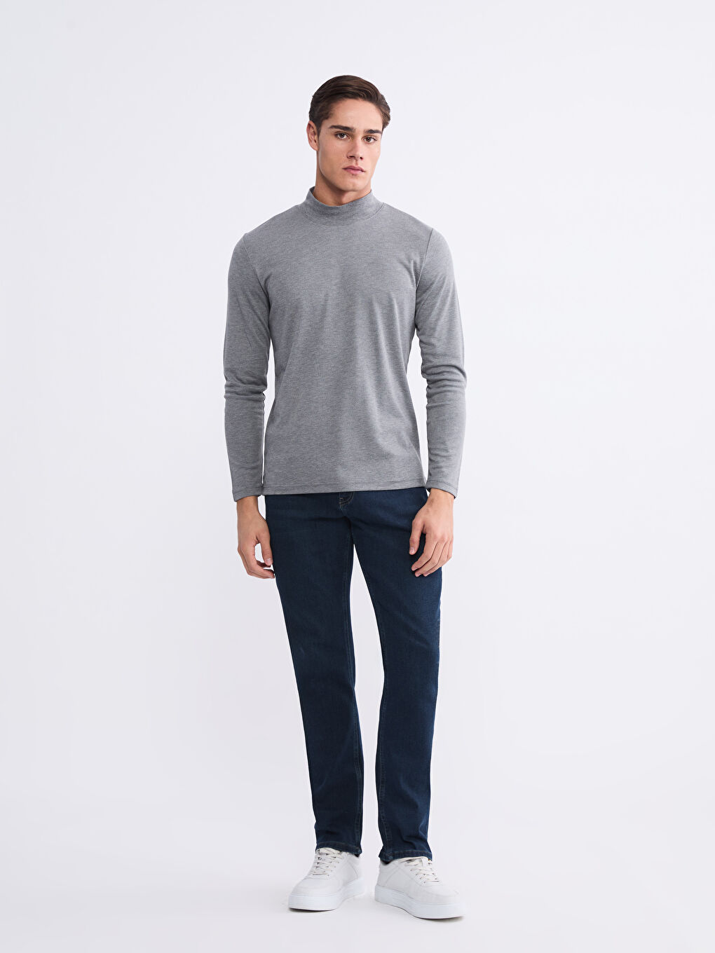 Gri Dik Yaka Erkek Sweatshirt-1