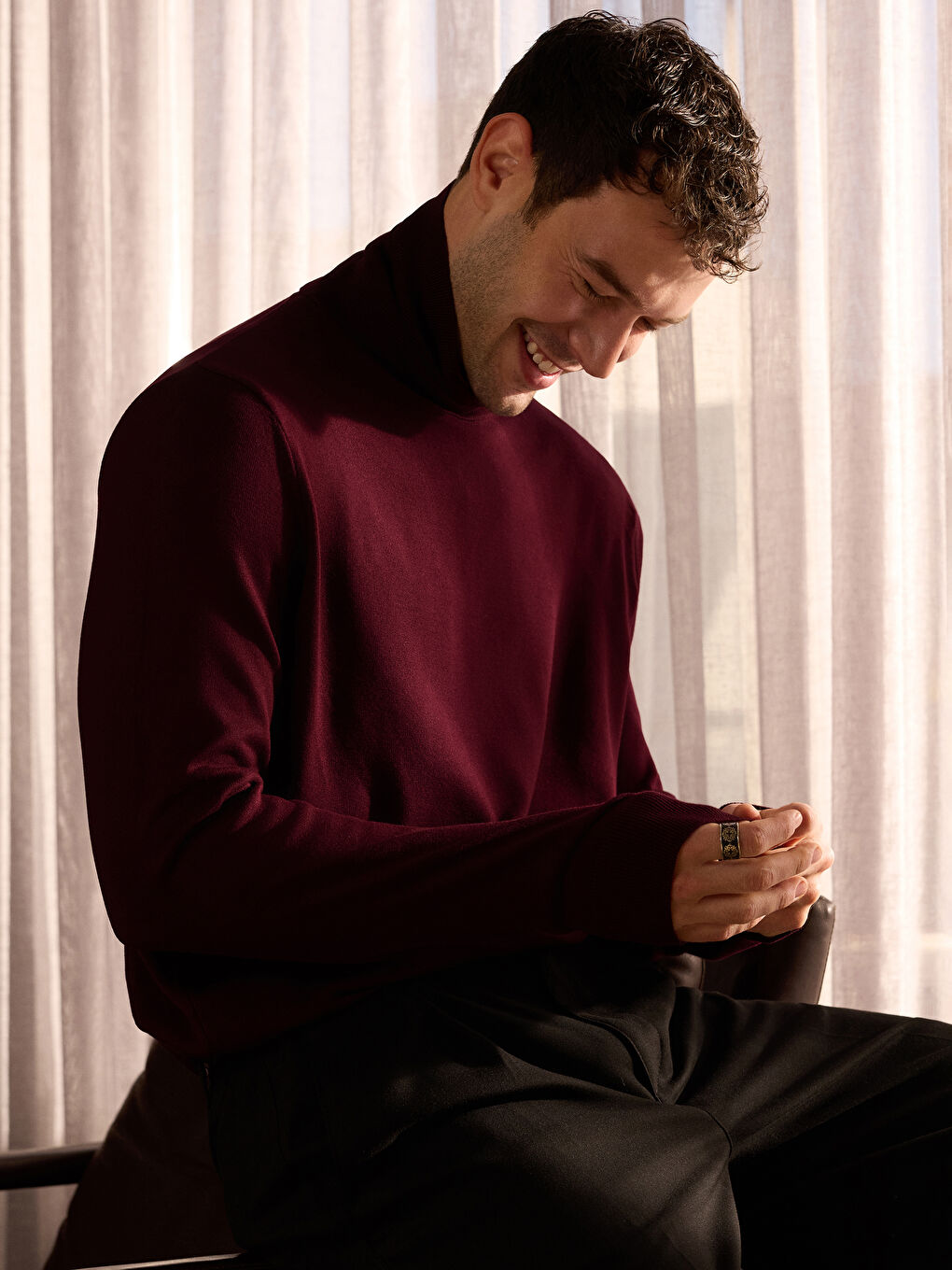 Bordo Balıkçı Yaka Erkek Triko Kazak