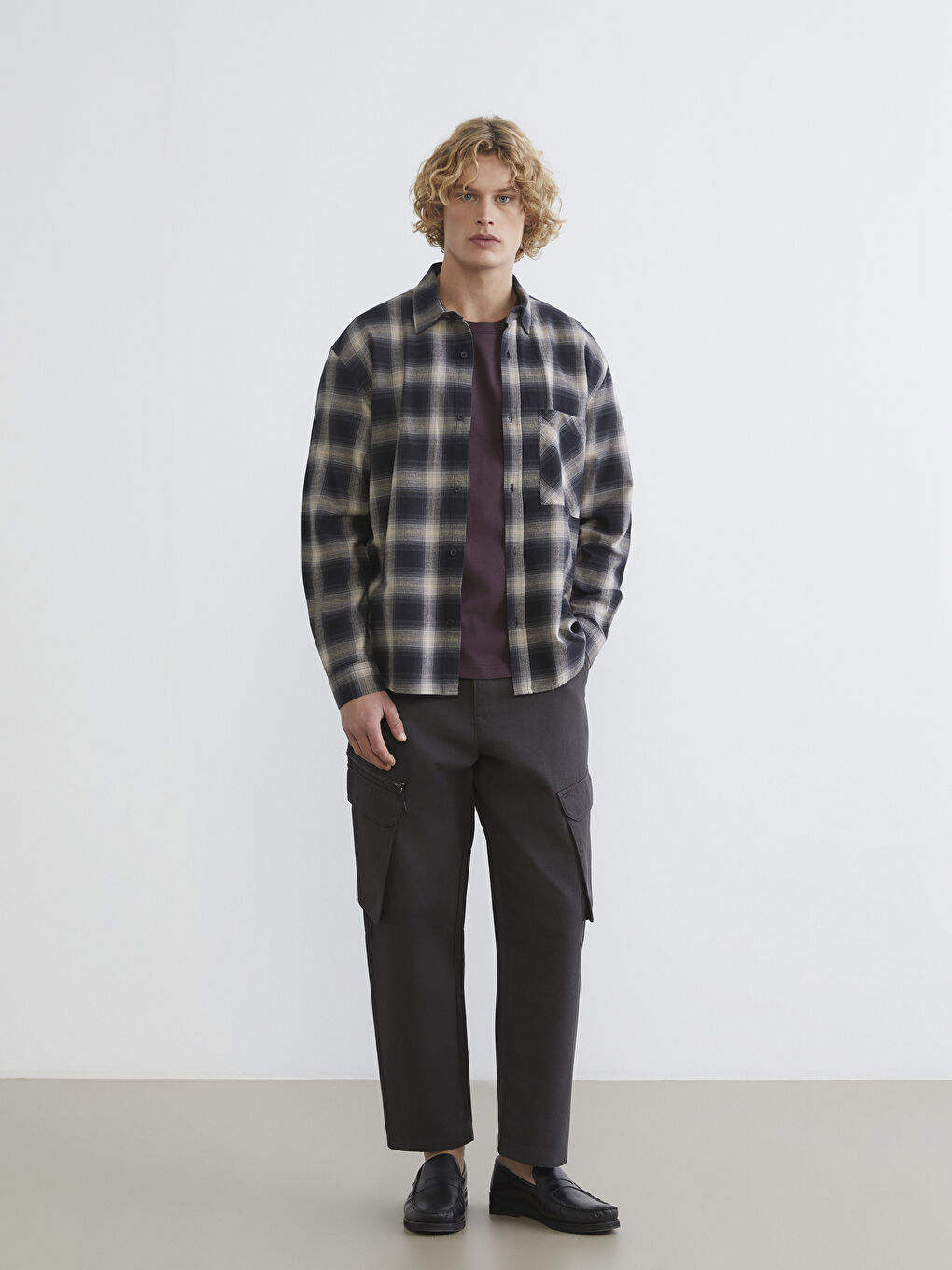 Kahverengi Rahat Kalıp Ekose Erkek Gömlek Ceket-1