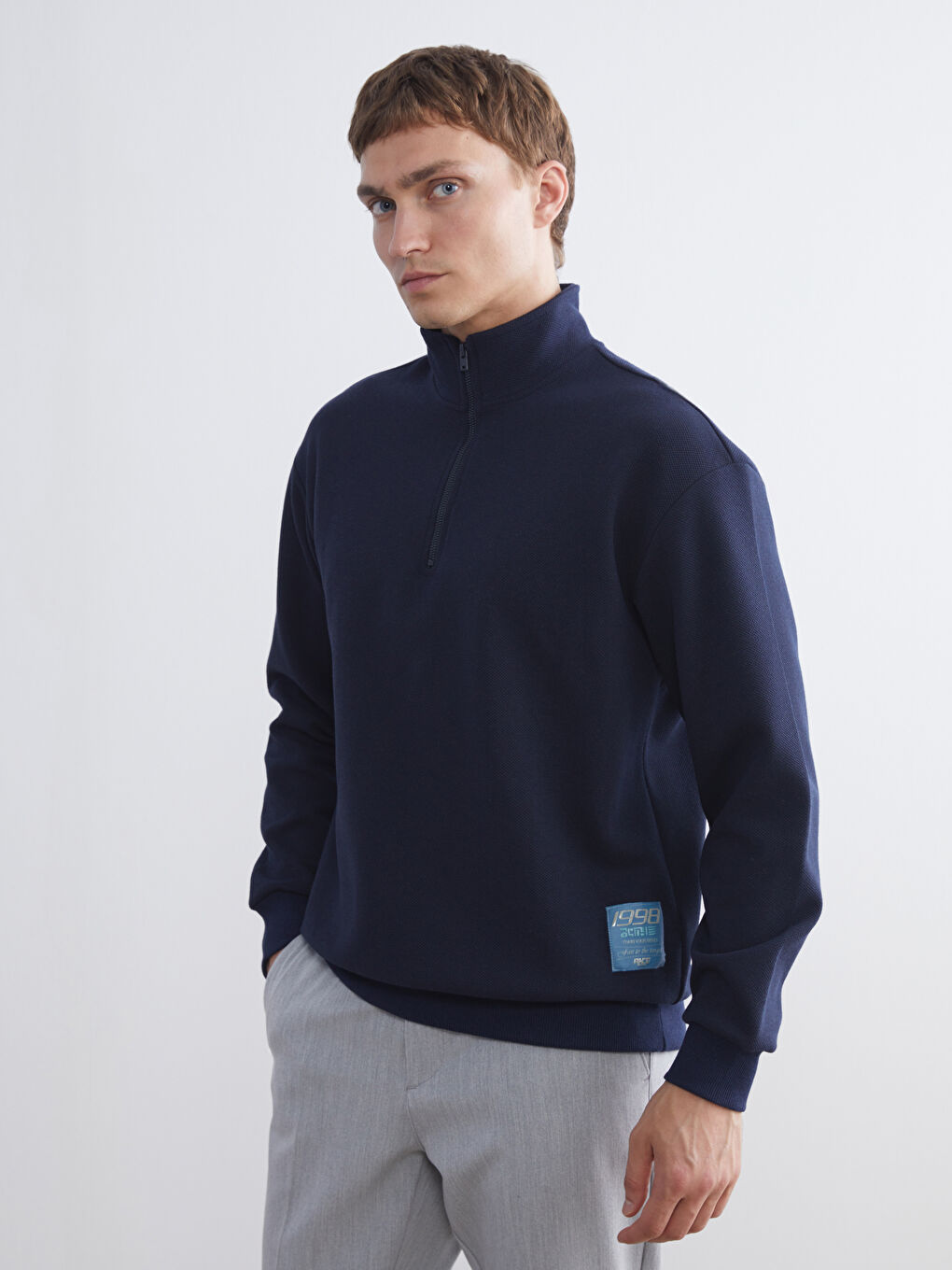 Lacivert Fermuarlı Dik Yaka Erkek Sweatshirt