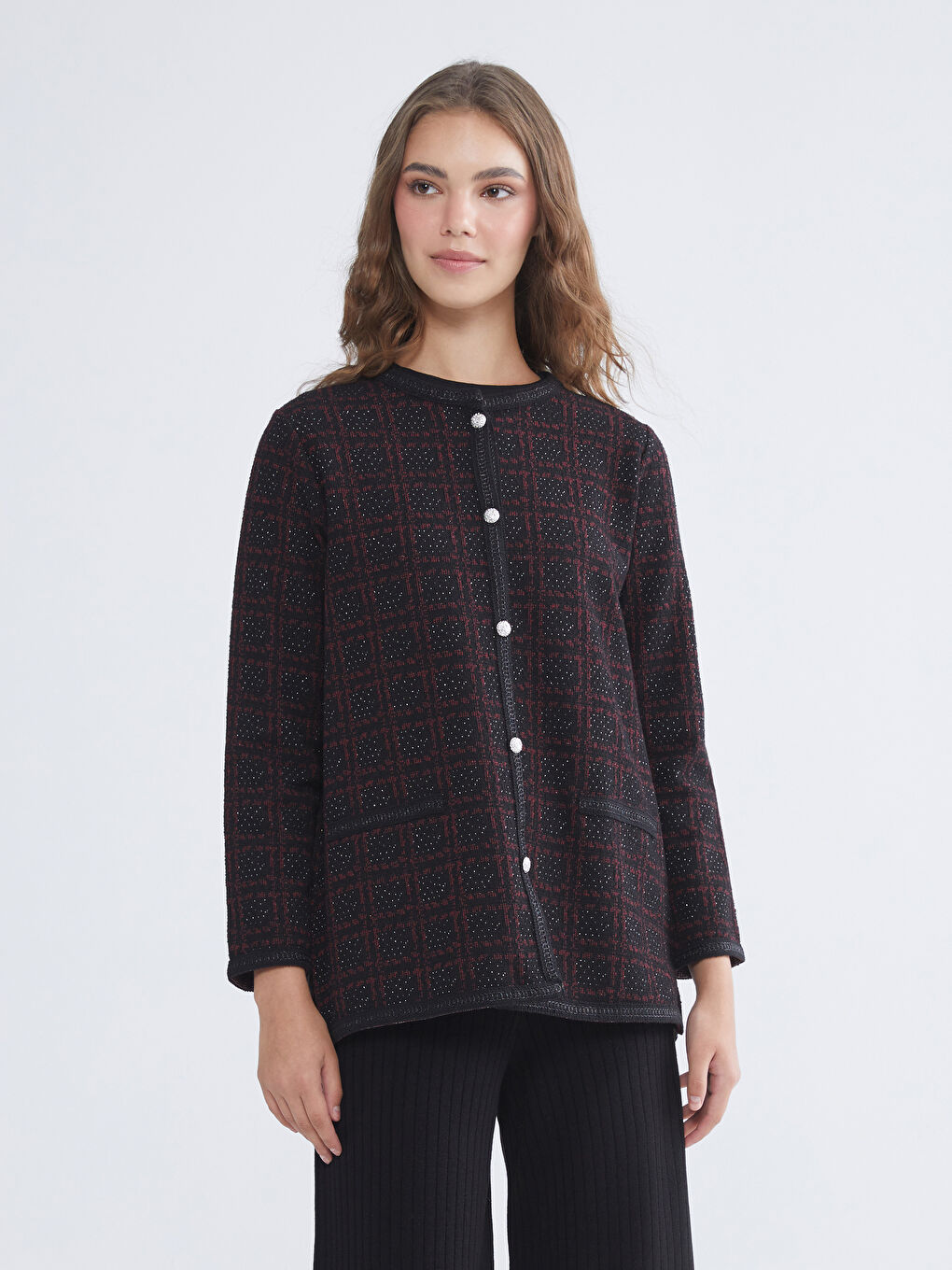 Bordo Bisiklet Yaka Desenli Kadın Hırka