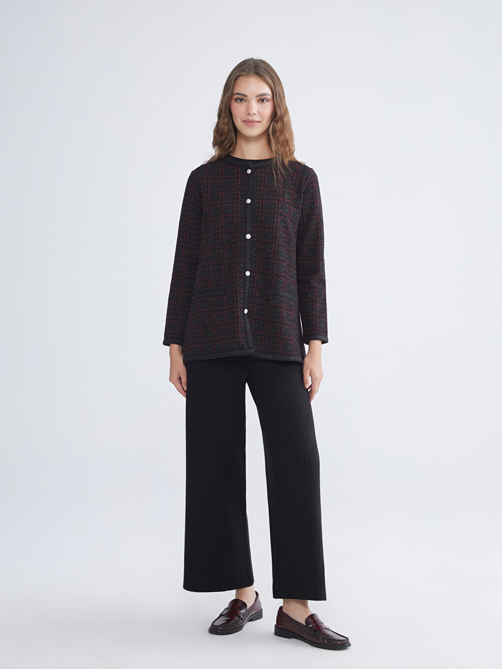 Bordo Bisiklet Yaka Desenli Kadın Hırka-1