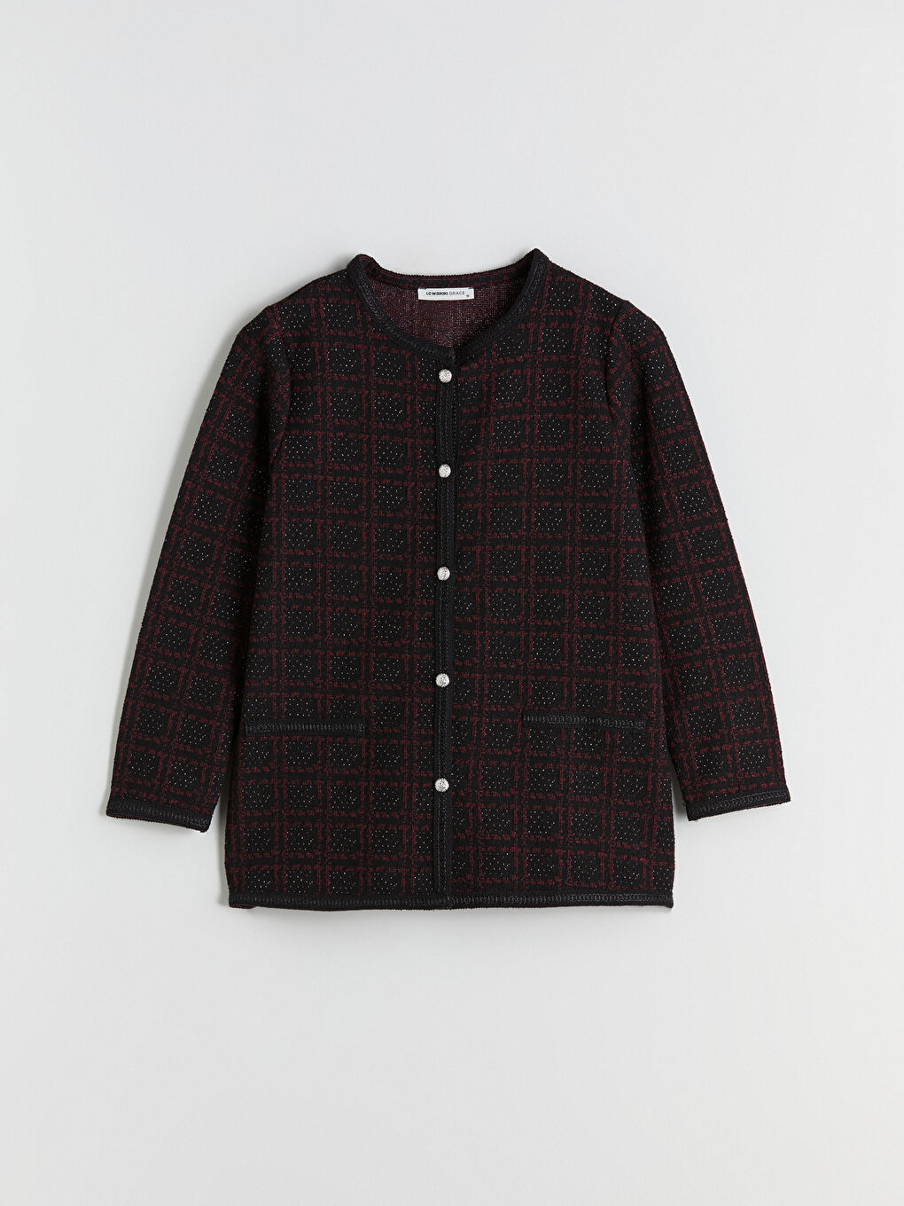 Bordo Bisiklet Yaka Desenli Kadın Hırka-4