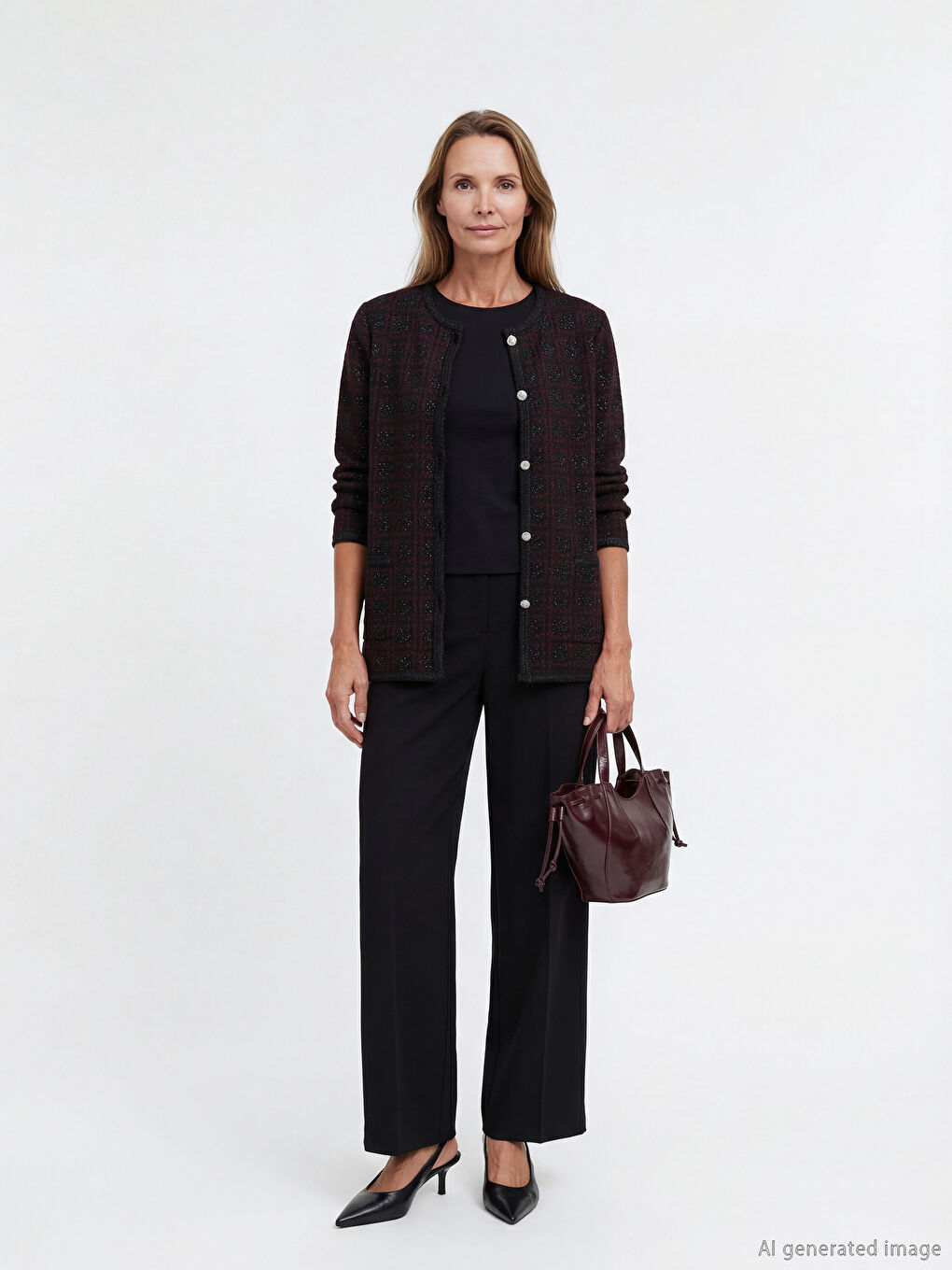 Bordo Bisiklet Yaka Desenli Kadın Hırka-1