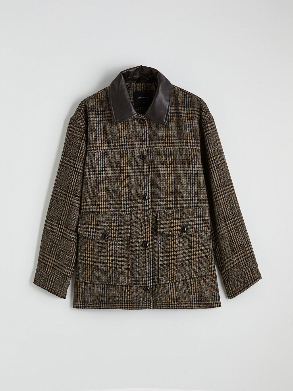 Kahverengi Deri Gömlek Yaka Ekose Oversize Kadın Kaşe Ceket-9