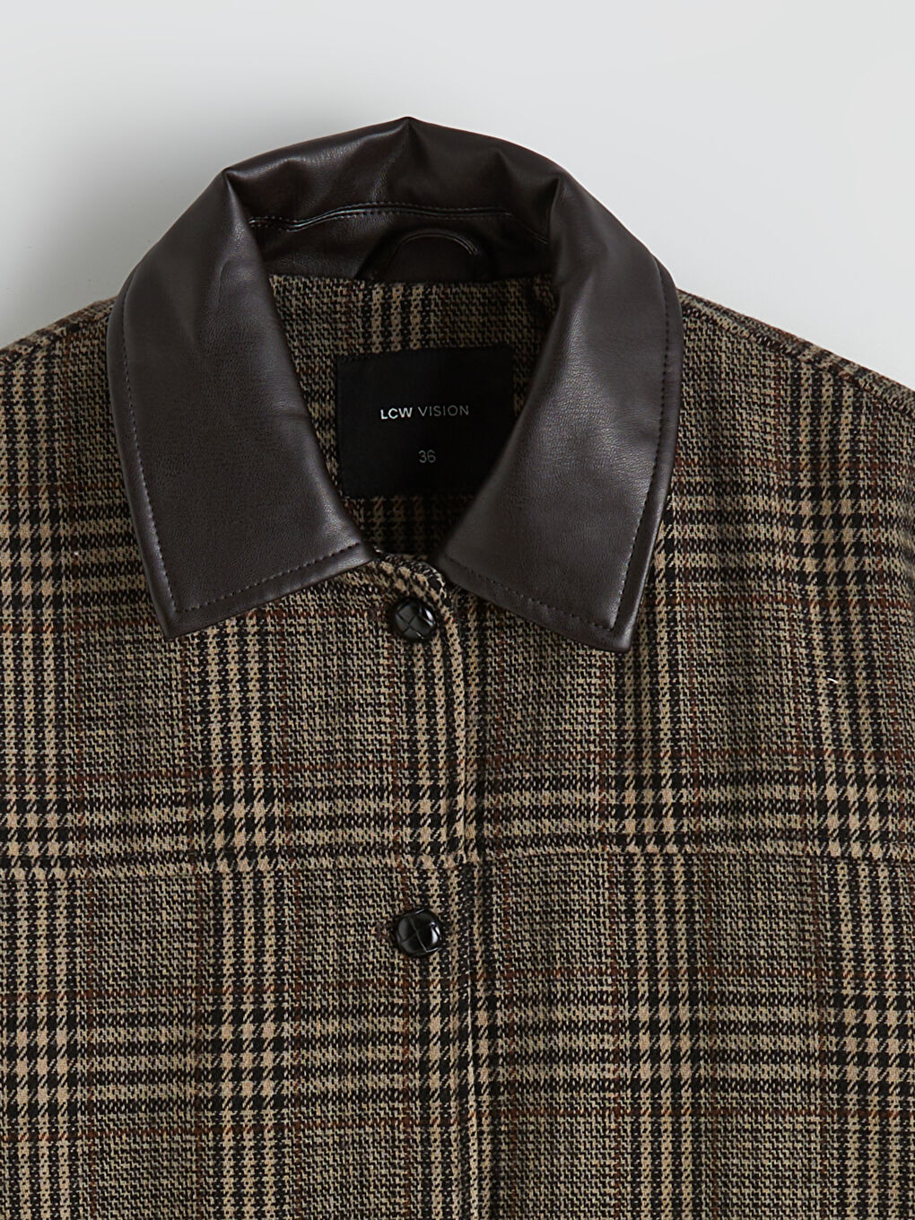 Kahverengi Deri Gömlek Yaka Ekose Oversize Kadın Kaşe Ceket-10