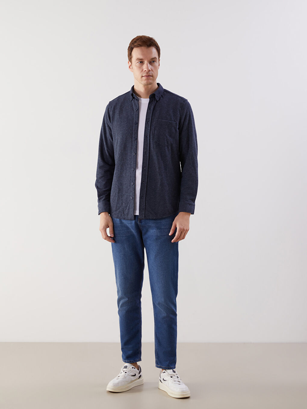 Lacivert Regular Fit Uzun Kollu Gabardin Erkek Gömlek-1