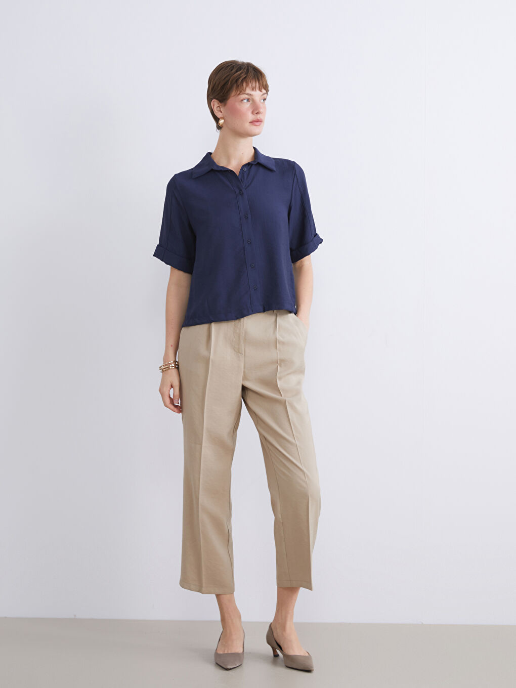 Lacivert Dokulu Kadın Gömlek-4