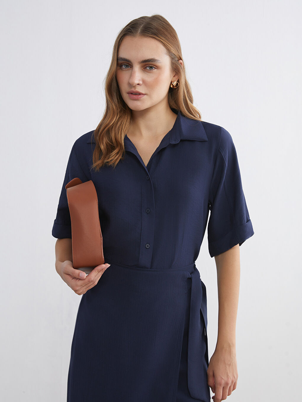 Lacivert Dokulu Kadın Gömlek-1