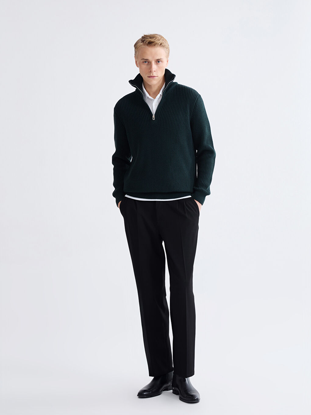 Yeşil Fermuarlı Dik Yaka Erkek Triko Kazak-1