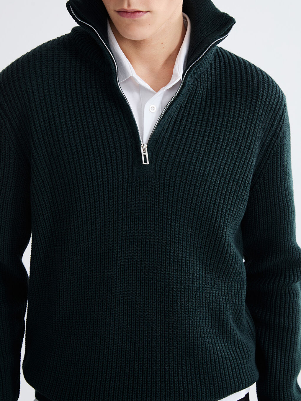 Yeşil Fermuarlı Dik Yaka Erkek Triko Kazak-2