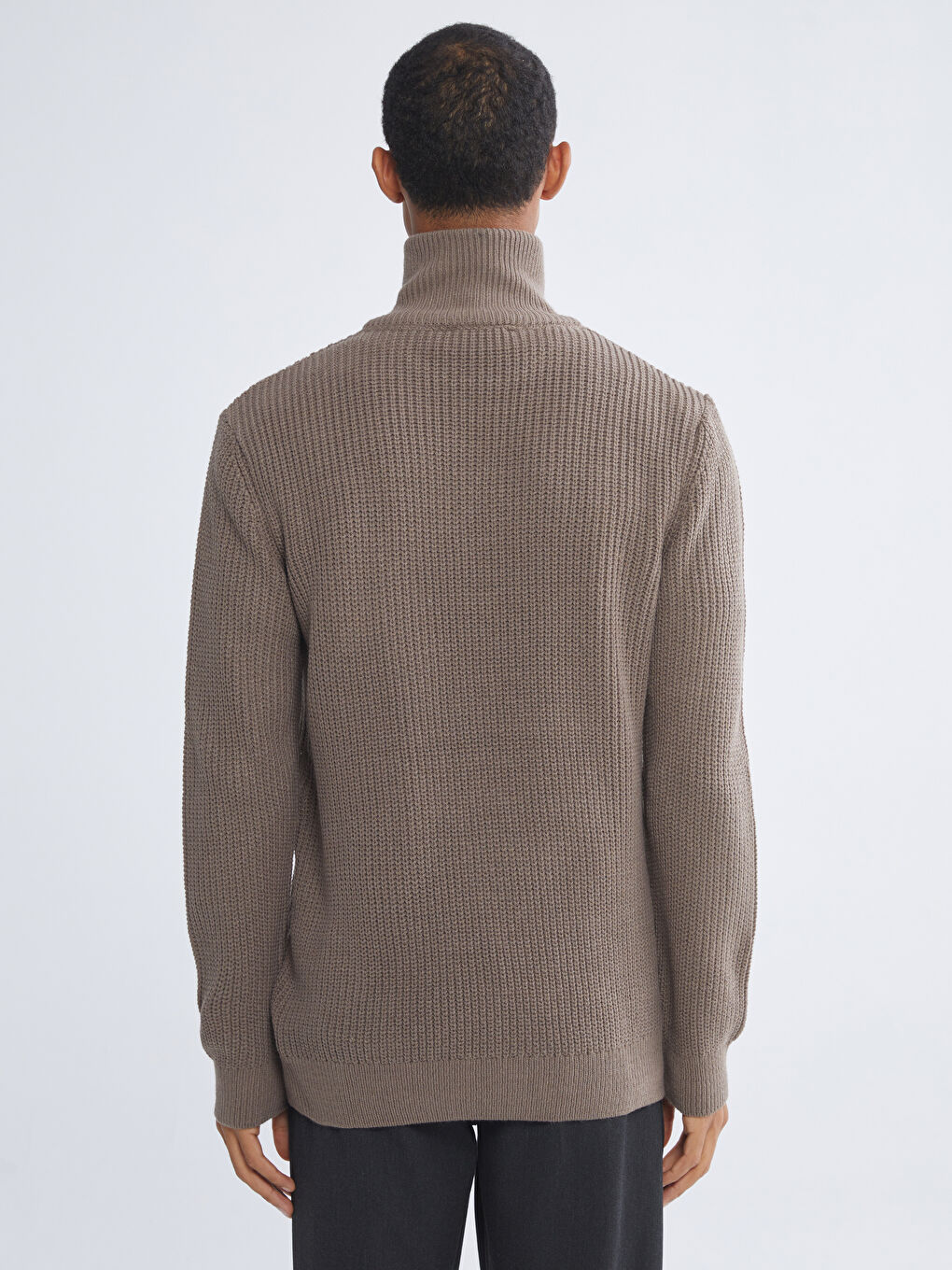 Bej Fermuarlı Dik Yaka Erkek Triko Kazak-5