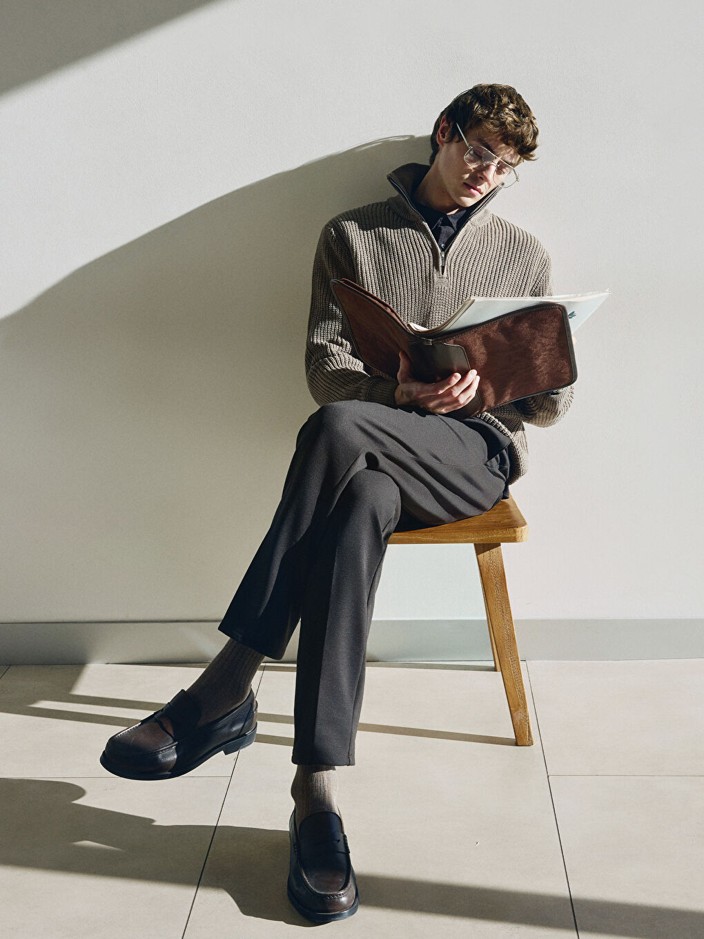 Bej Fermuarlı Dik Yaka Erkek Triko Kazak