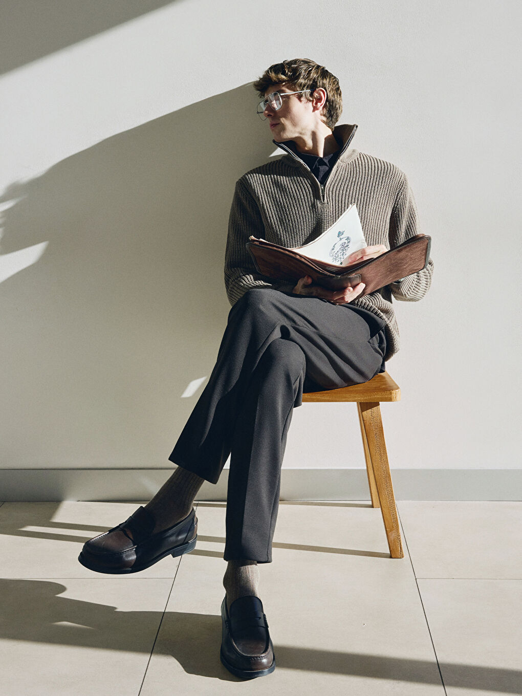 Bej Fermuarlı Dik Yaka Erkek Triko Kazak-1