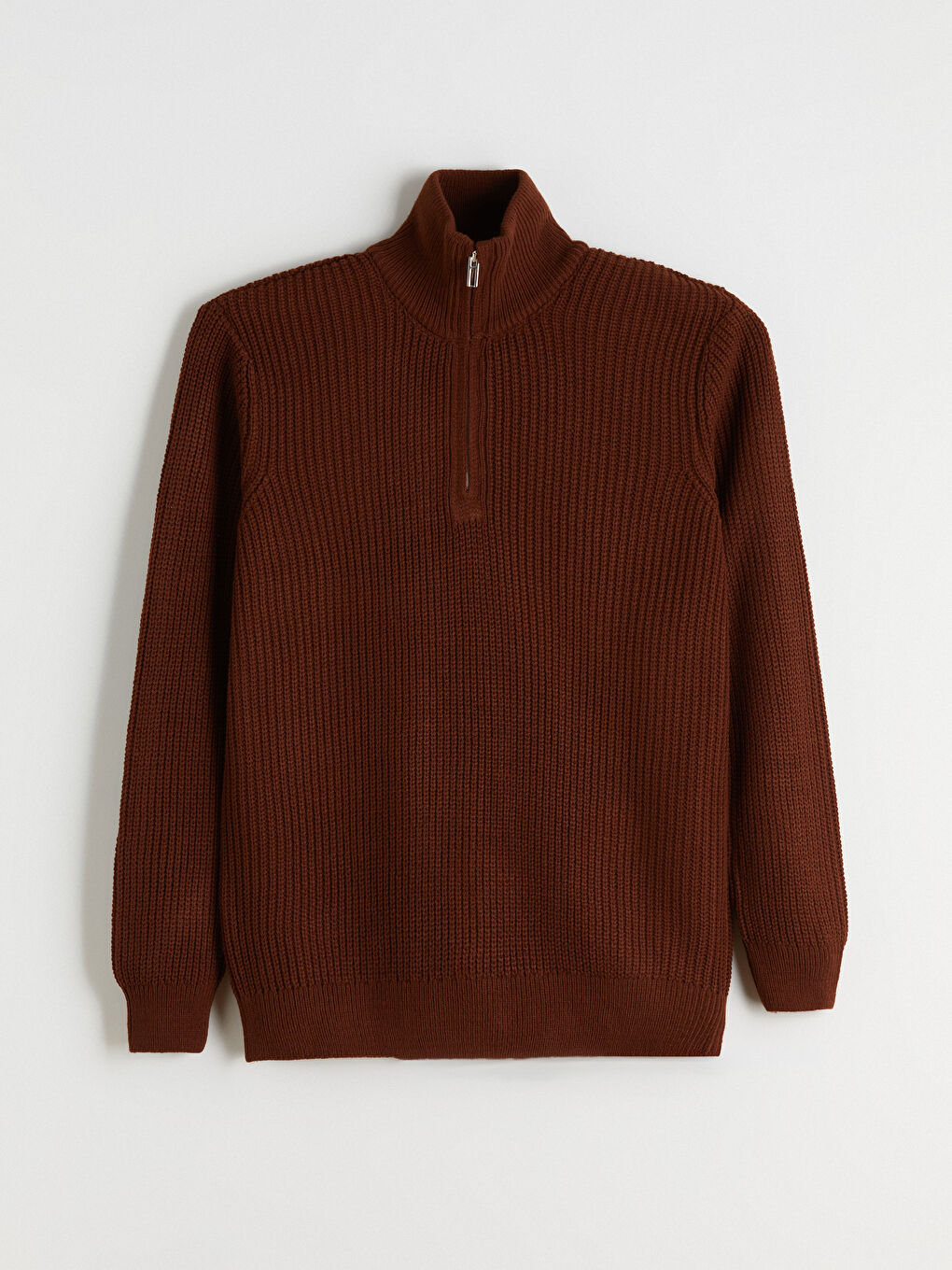 Kahverengi Fermuarlı Dik Yaka Erkek Triko Kazak-4