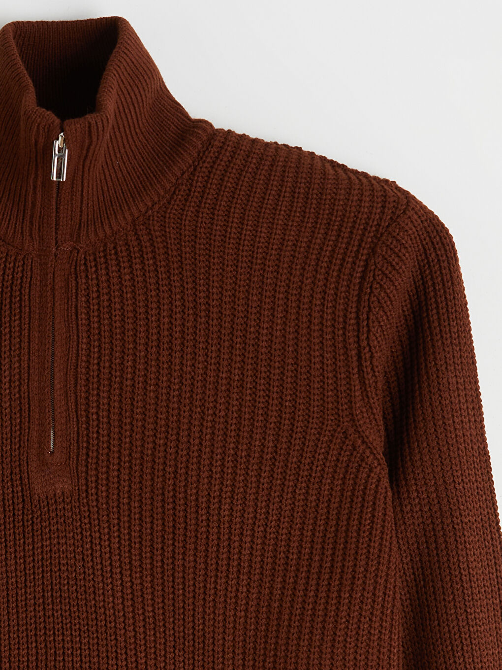 Kahverengi Fermuarlı Dik Yaka Erkek Triko Kazak-5