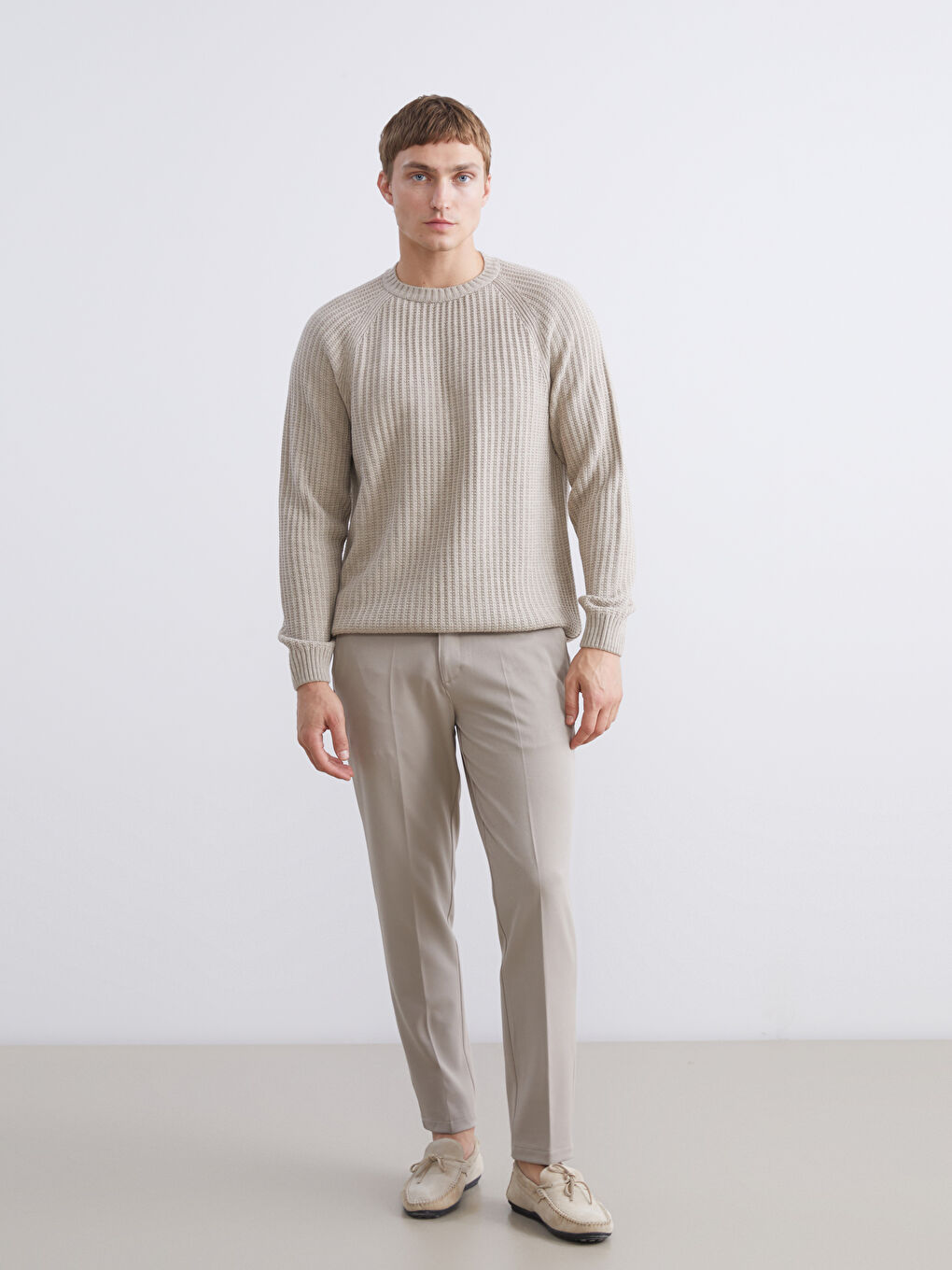 Bej Bisiklet Yaka Erkek Triko Kazak-1