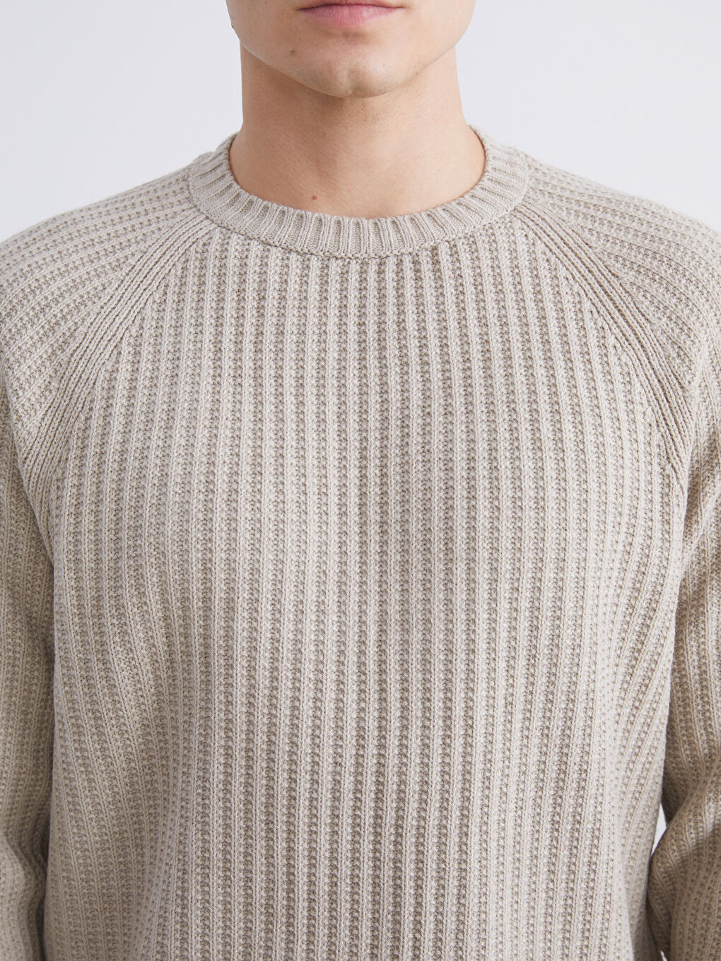 Bej Bisiklet Yaka Erkek Triko Kazak-2