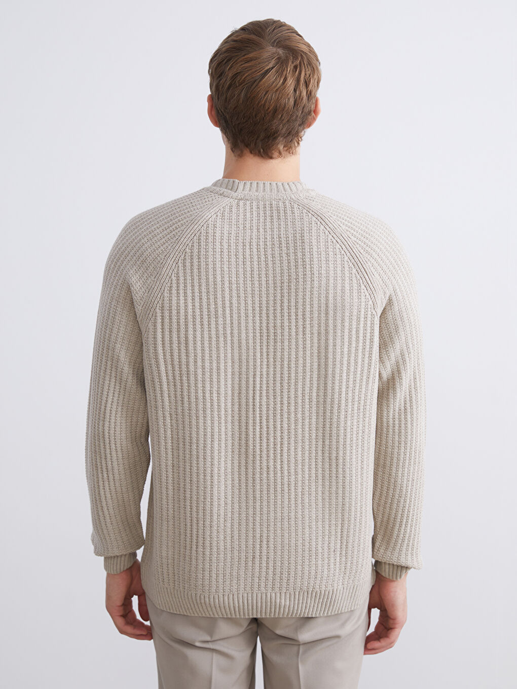 Bej Bisiklet Yaka Erkek Triko Kazak-3