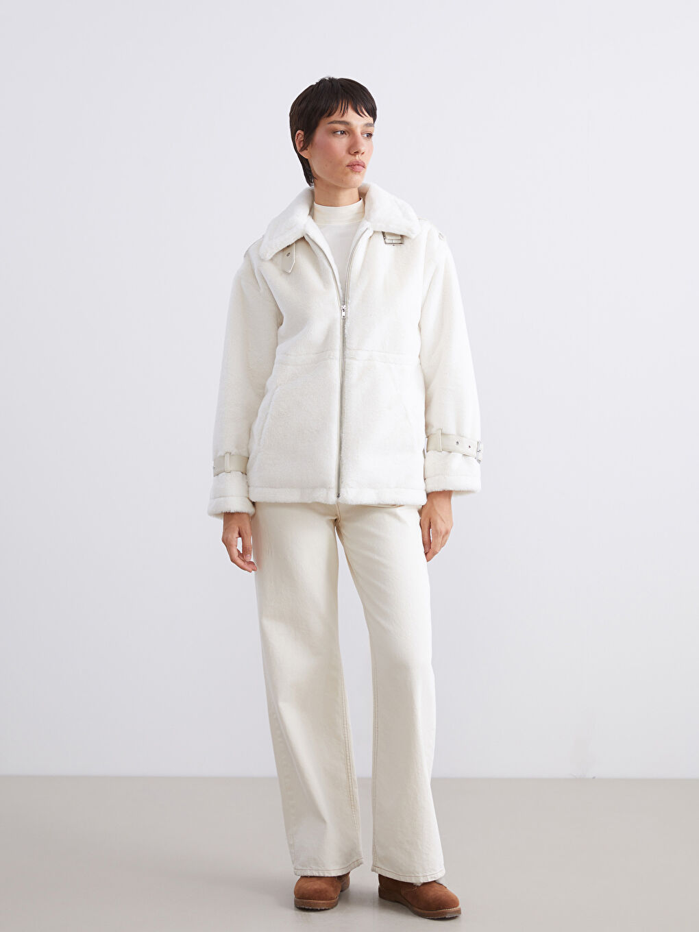 Ekru Gömlek Yaka Kadın Kürk Mont-1