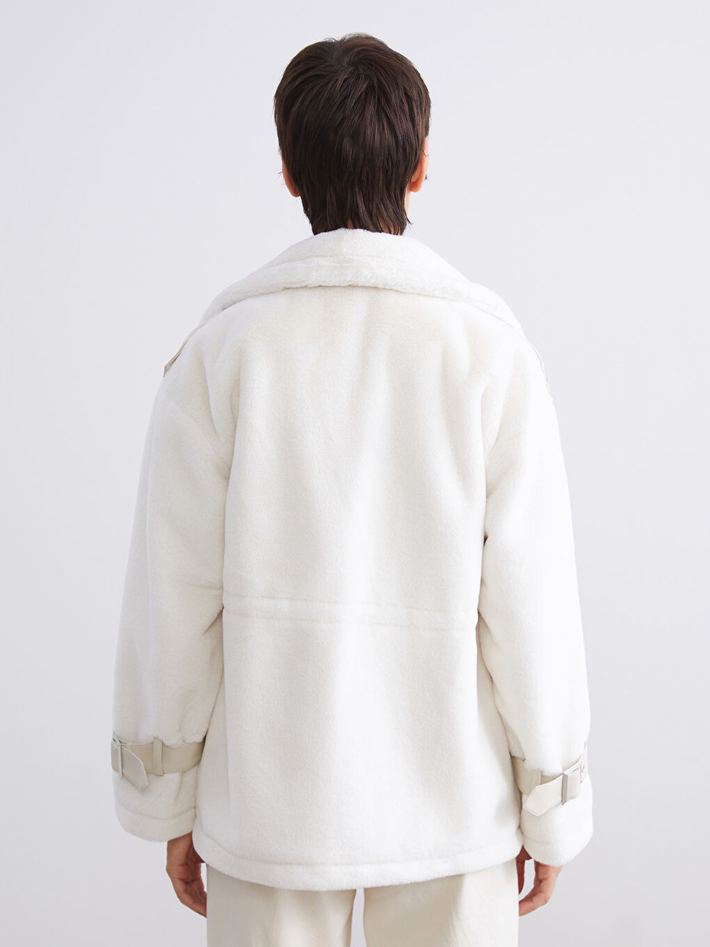 Ekru Gömlek Yaka Kadın Kürk Mont-4