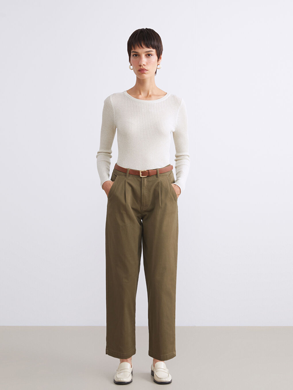 Belted High Waisted Carrot Fit Women's Trousers