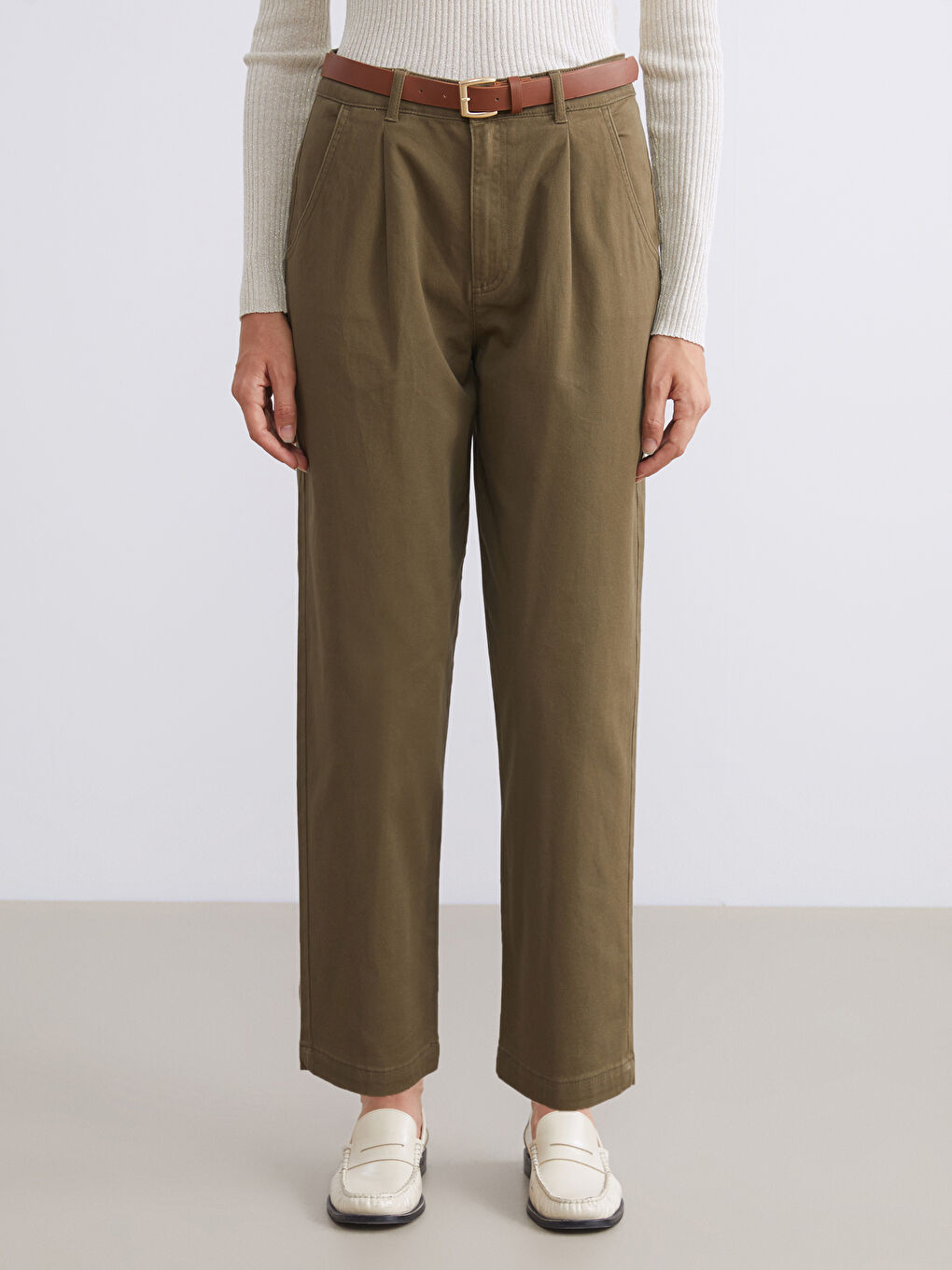 Belted High Waisted Carrot Fit Women's Trousers-1