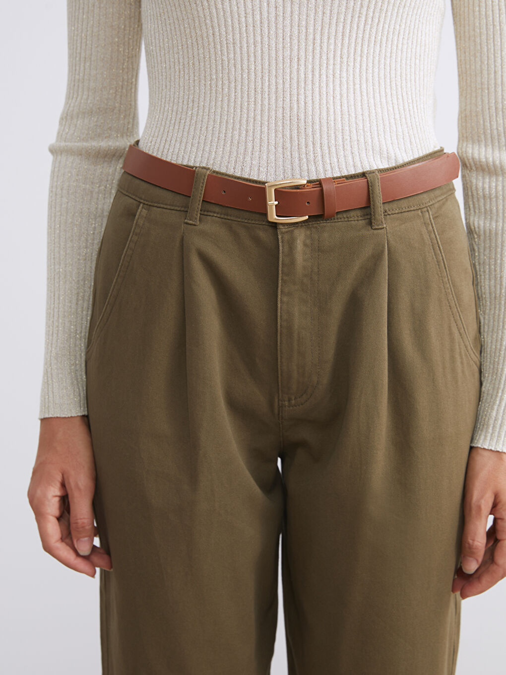 Belted High Waisted Carrot Fit Women's Trousers-2