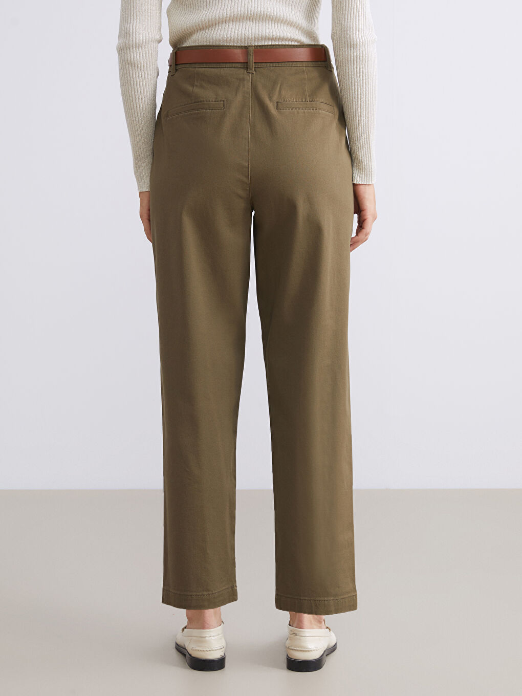 Belted High Waisted Carrot Fit Women's Trousers-3