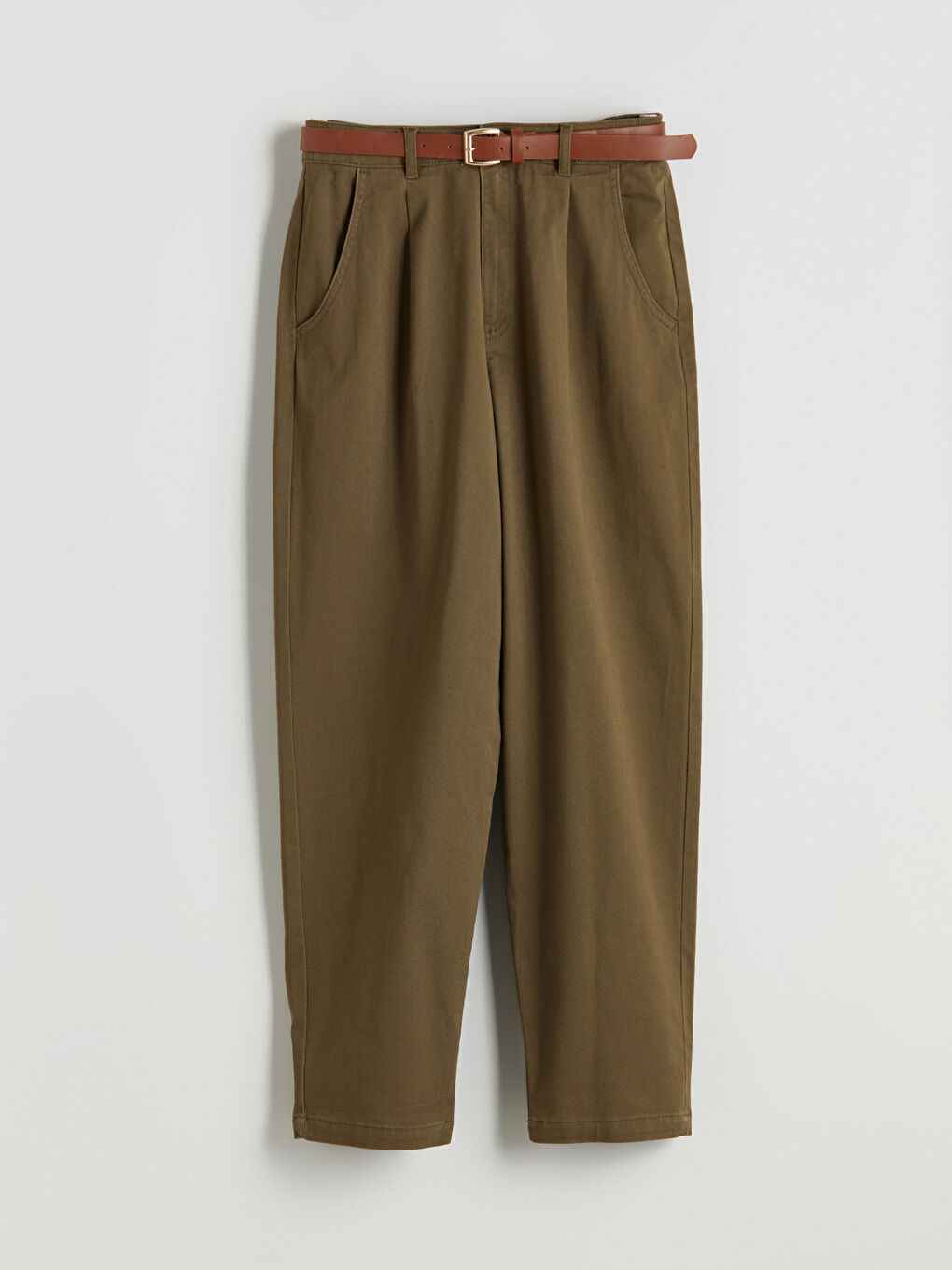 Belted High Waisted Carrot Fit Women's Trousers-4