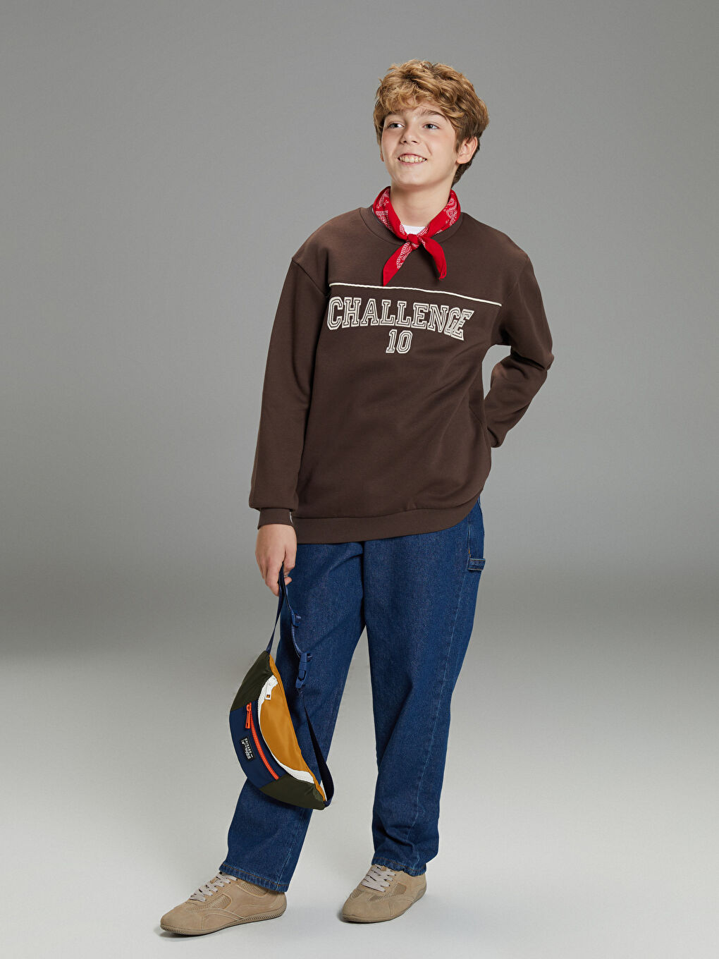 Kahverengi Baskılı Erkek Çocuk Kalın Sweatshirt-1