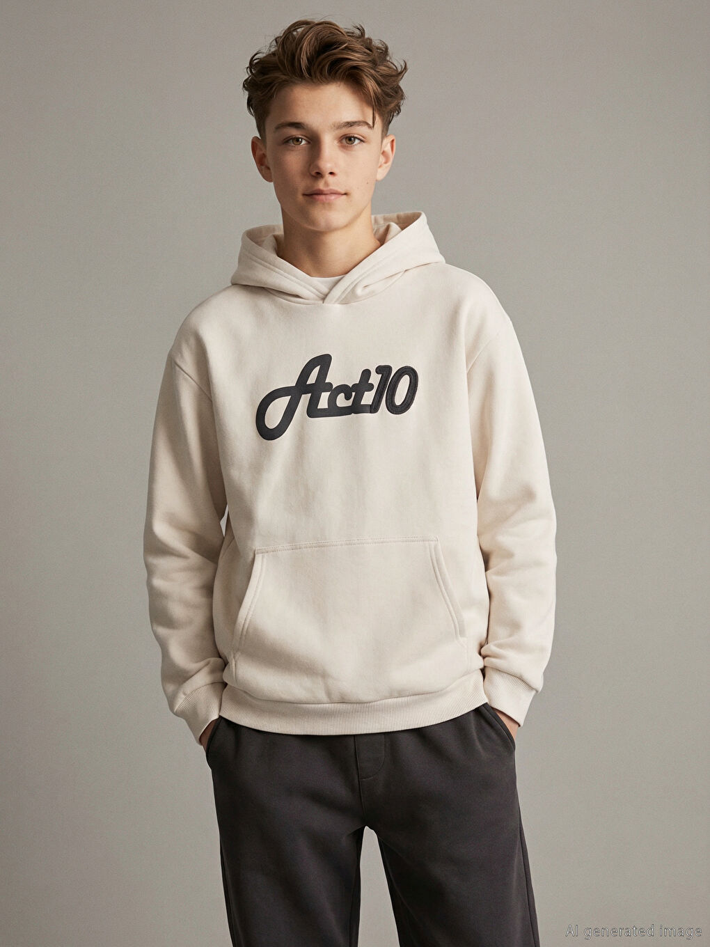 Bej Kapüşonlu Erkek Çocuk Kalın Sweatshirt