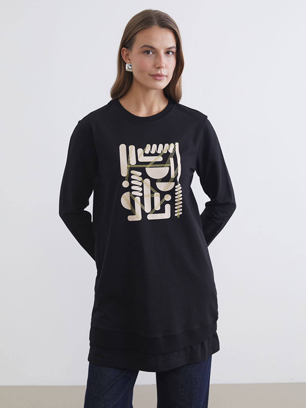 Crew Neck Printed Women's Sweatshirt Tunic